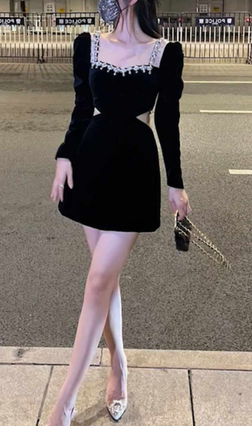 Square Neck Long Sleeve Velvet Mini Dress