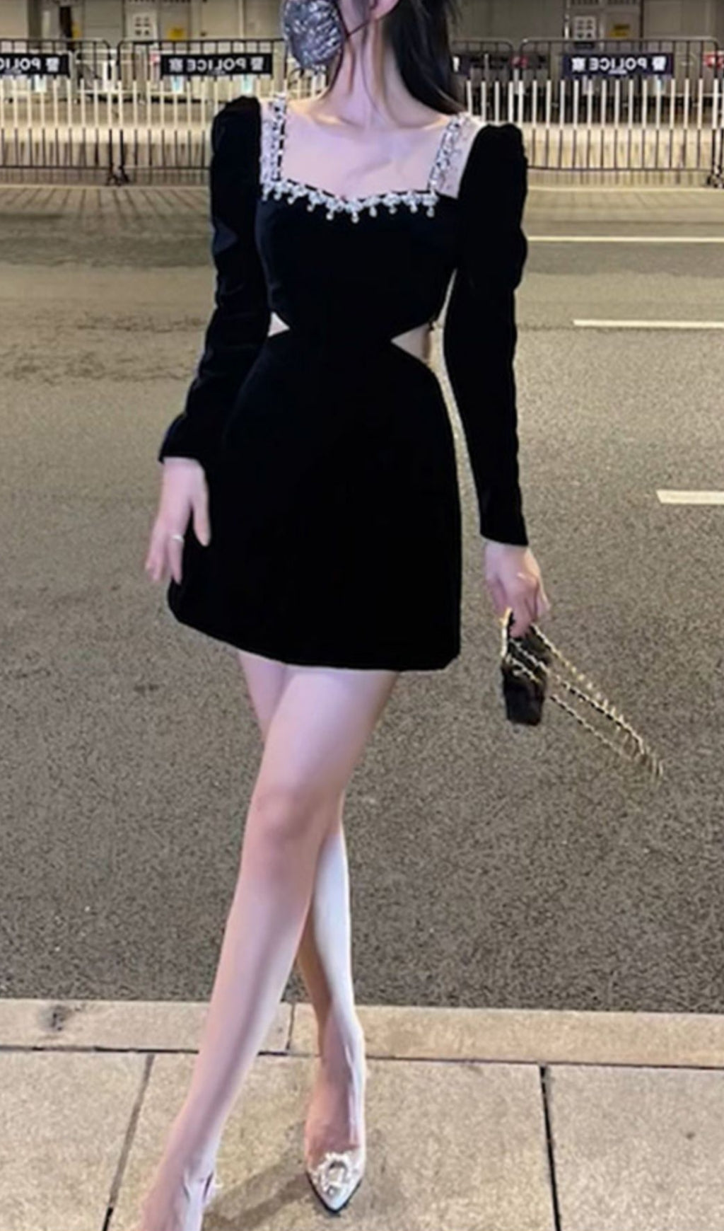 Square Neck Long Sleeve Velvet Mini Dress
