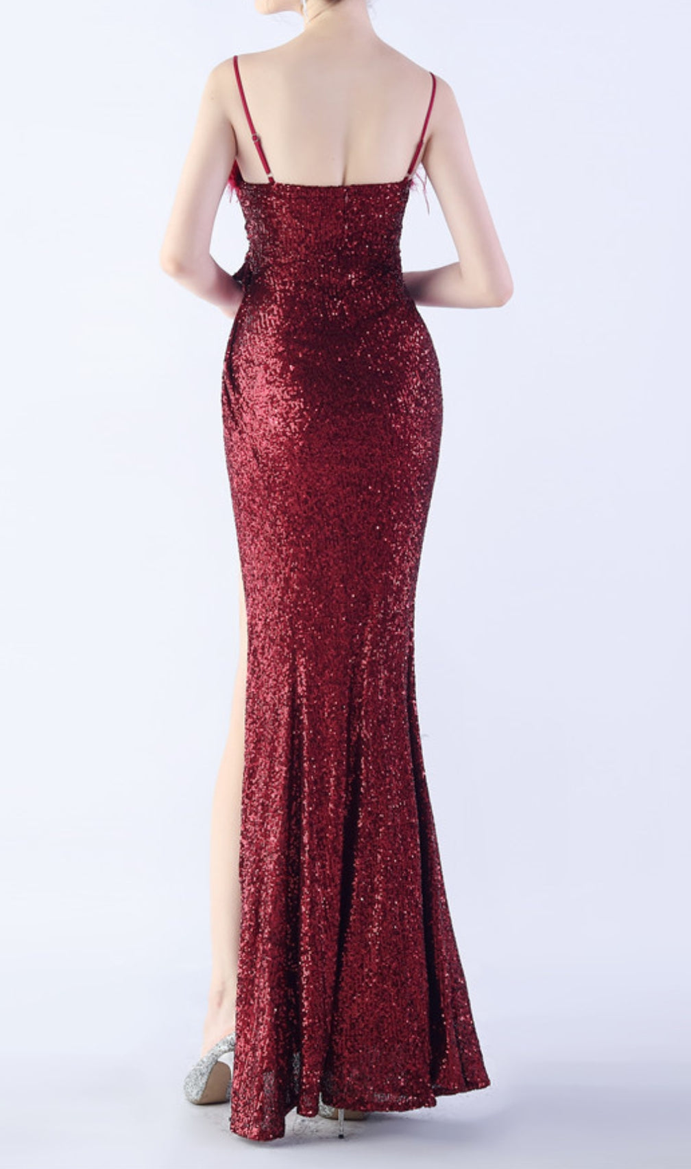 Chroma Wine Sequin Flower Feather Maxi Dress