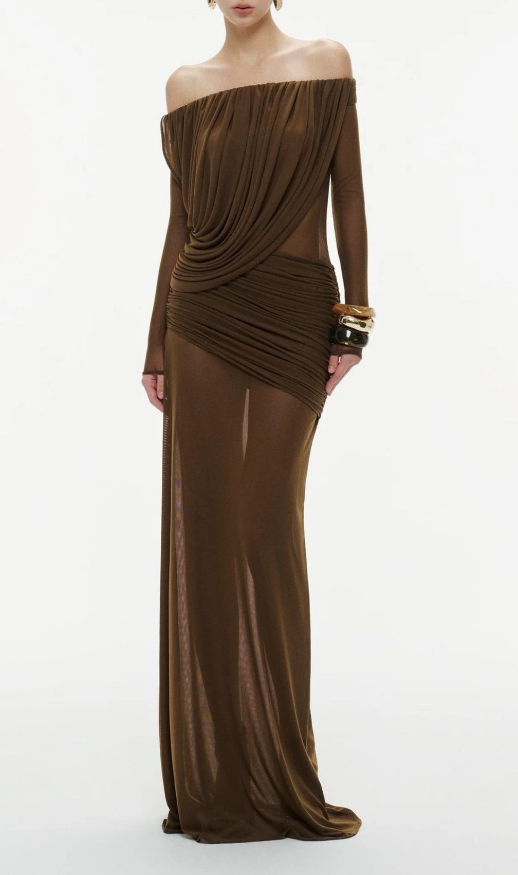 Kalinda Brown Draped Mesh Off-Shoulder Maxi Dress | Elegant Sheer Gown