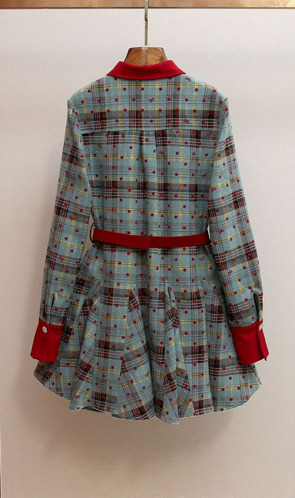 Humla Plaid Bow Mini Dress with Red Collar & Belt - Festive Chic for Women