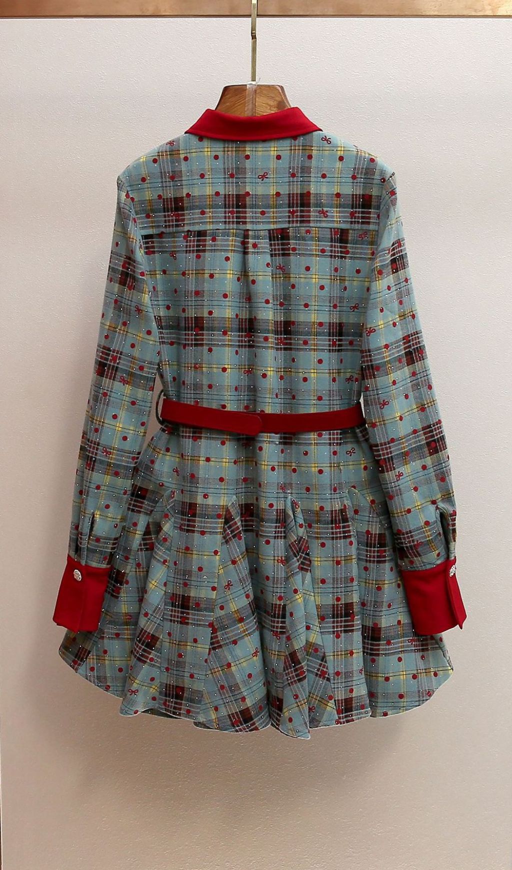 Humla Plaid Bow Mini Dress with Red Collar & Belt - Festive Chic for Women