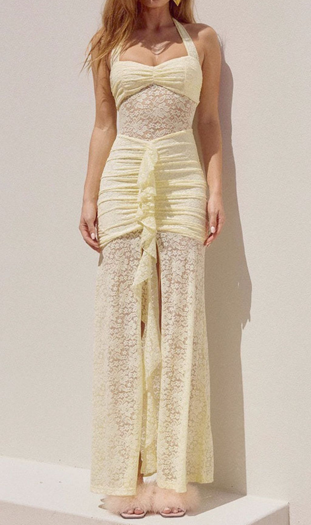 Fusayo Yellow Halter Ruched Lace Maxi Dress