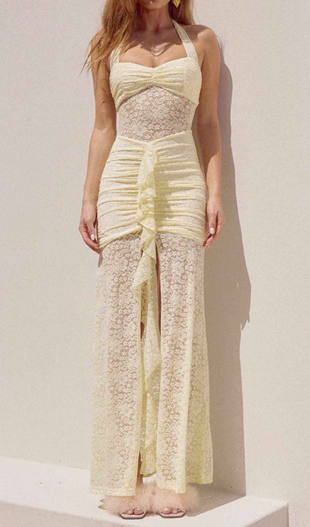Fusayo Yellow Halter Ruched Lace Maxi Dress