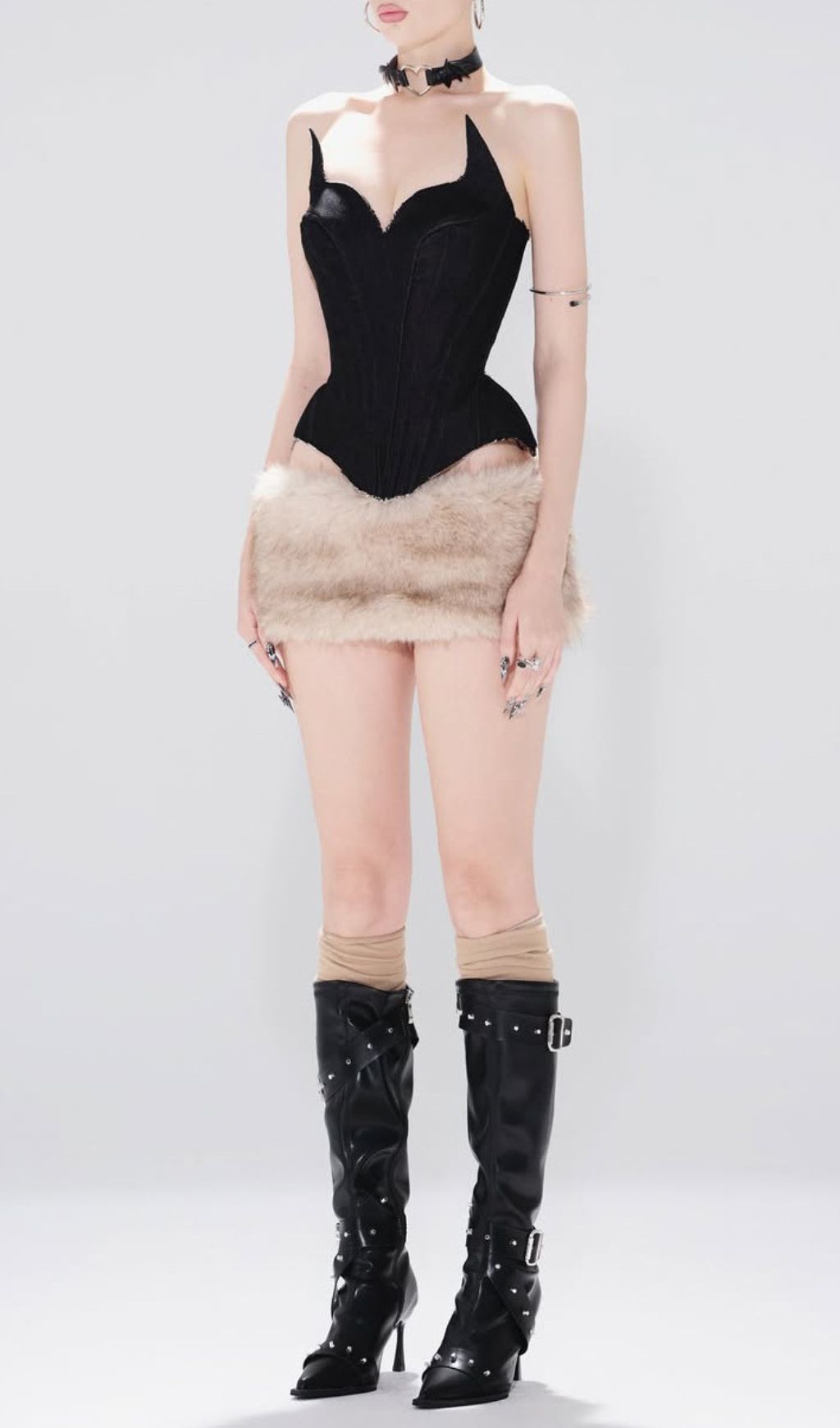 Jocelyn Edgy Corset Top & Faux Fur Mini Skirt Set - Gothic Chic