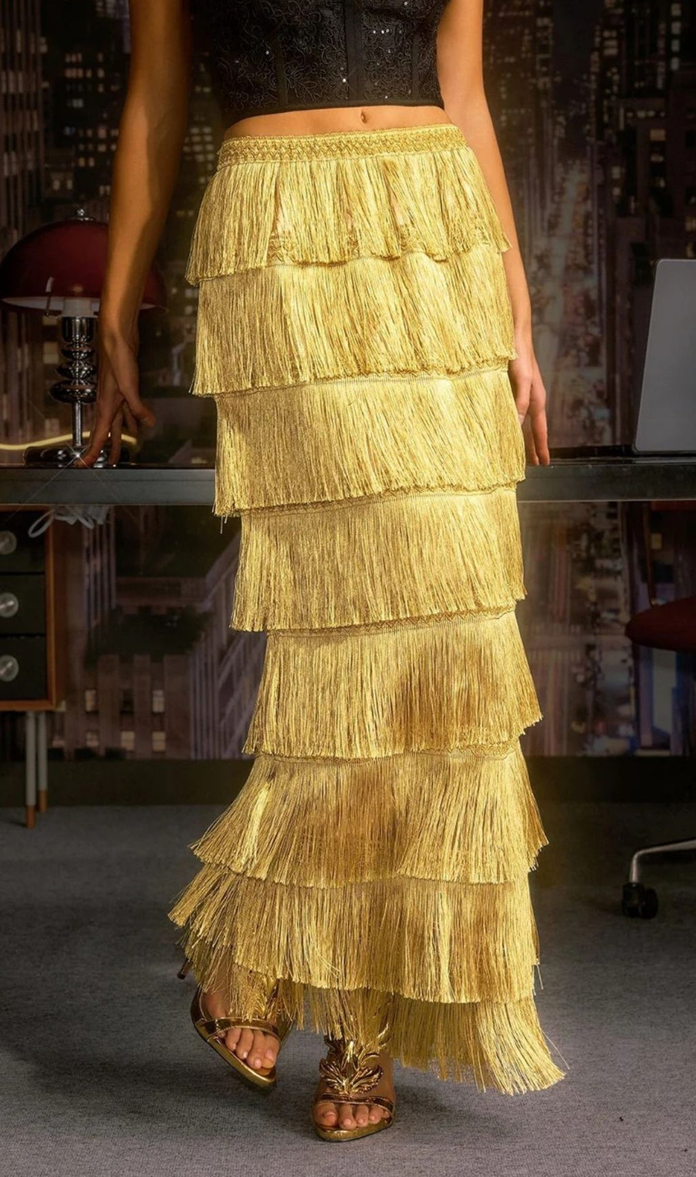 Norylin Gold Fringe Tiered Maxi Skirt - Effortless Glamour & Style for Women