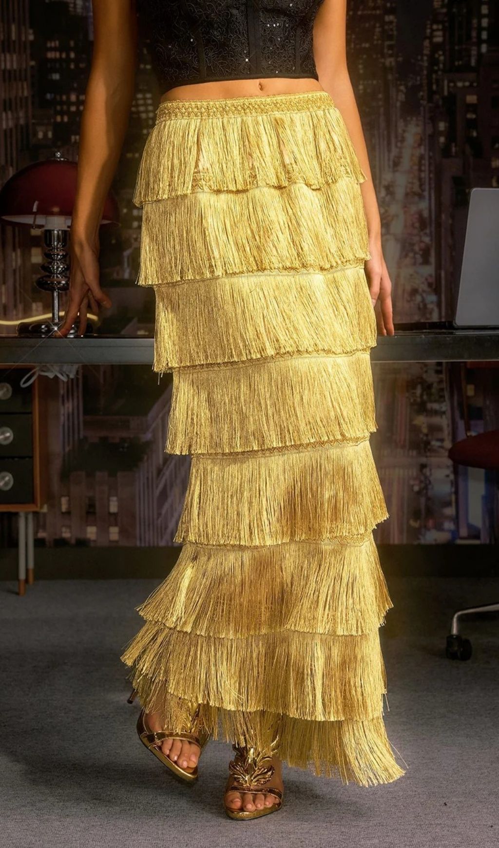 Norylin Gold Fringe Tiered Maxi Skirt - Effortless Glamour & Style for Women