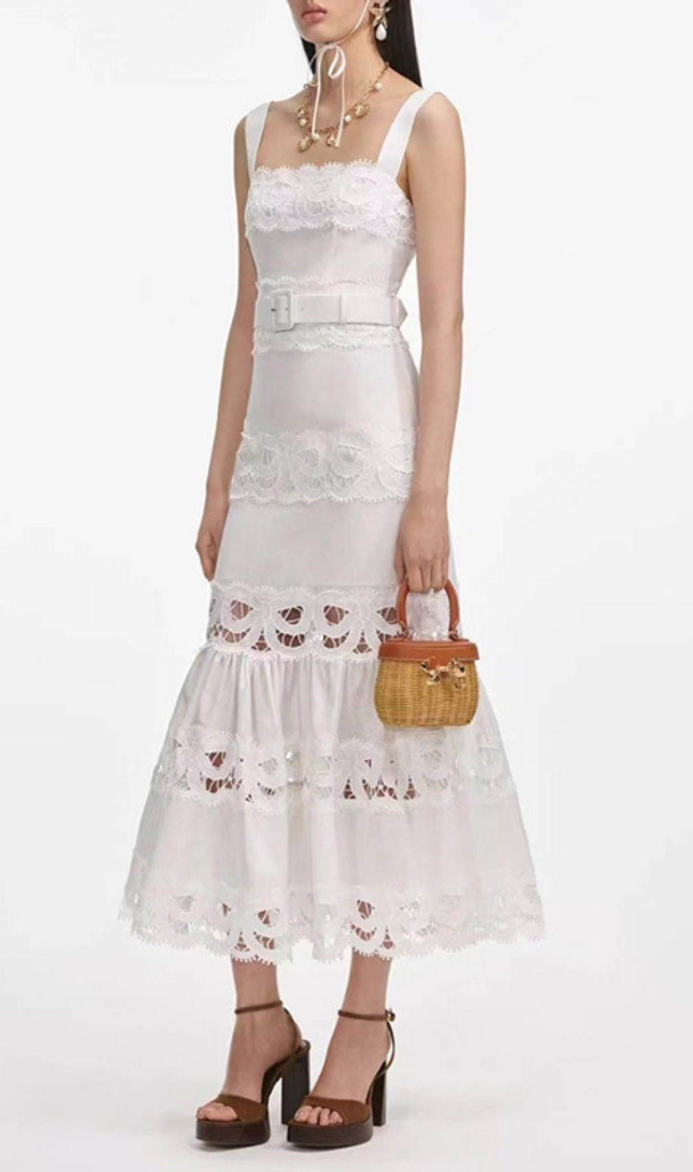 Everly White Embroidery Belt Midi Dress