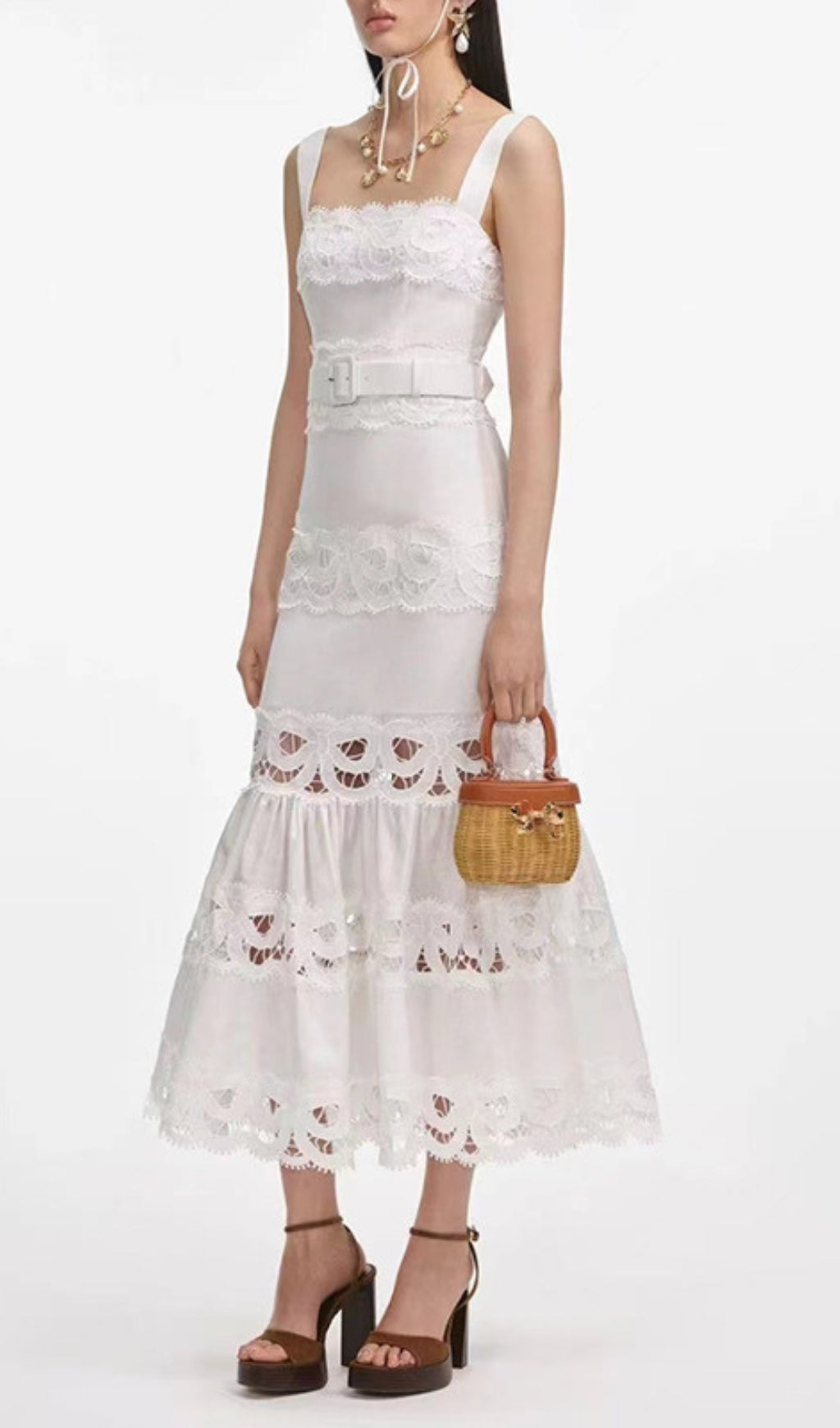 Everly White Embroidery Belt Midi Dress