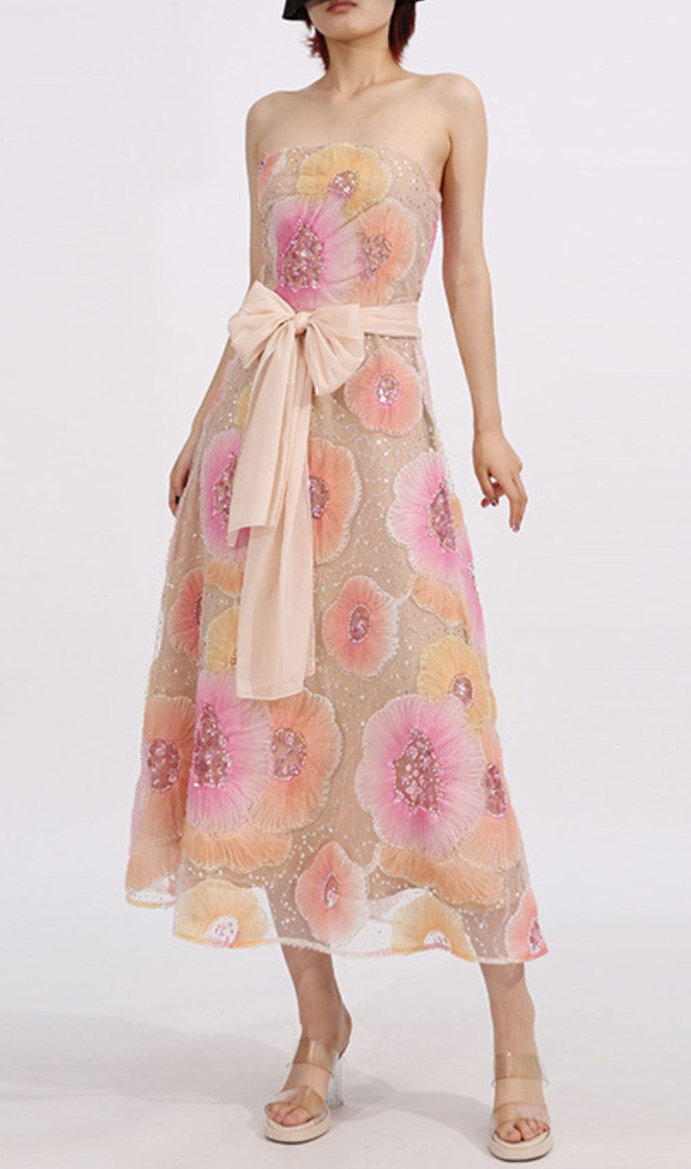 Elowyn Strapless Flower Sequin Embellished Midi Dress