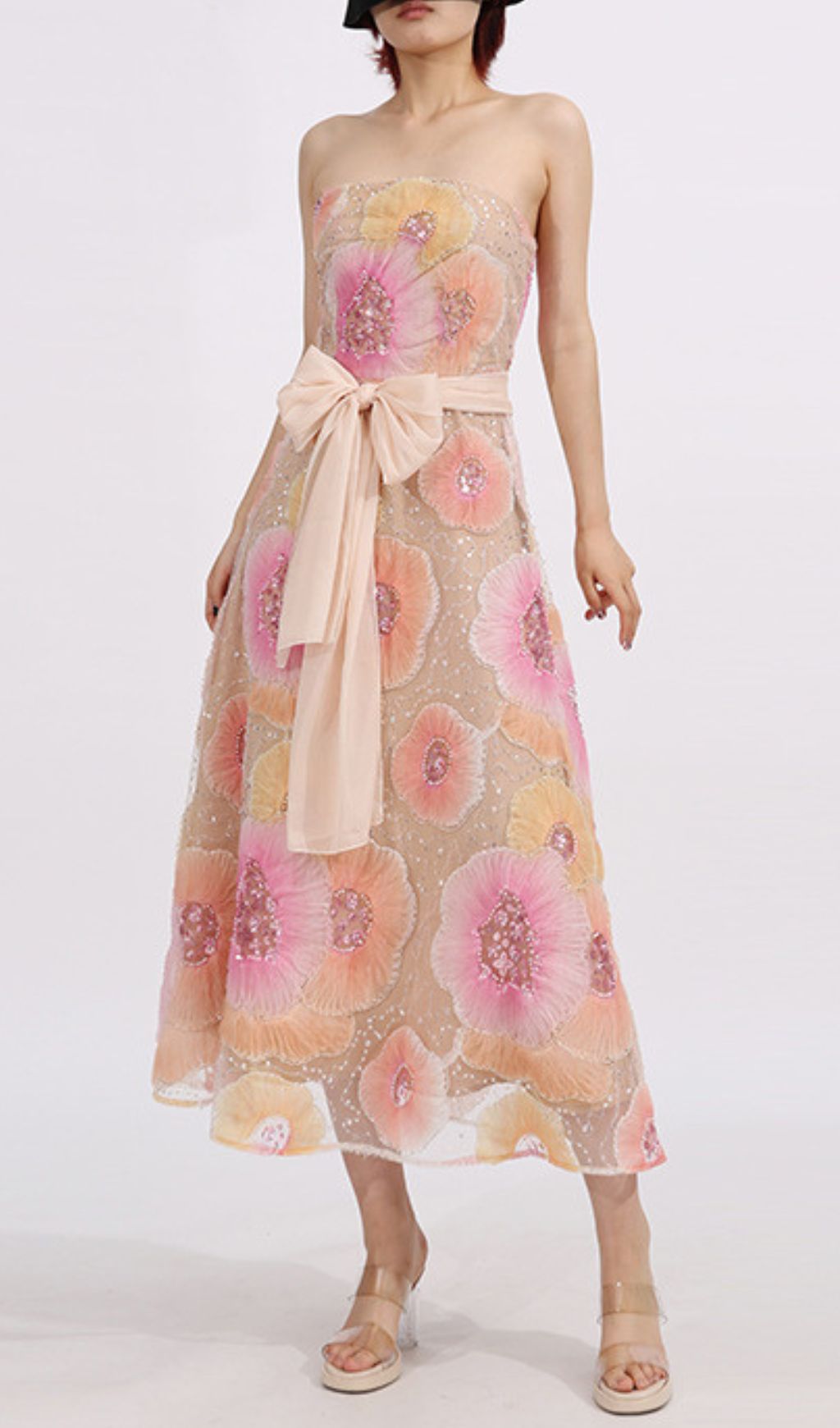 Elowyn Strapless Flower Sequin Embellished Midi Dress