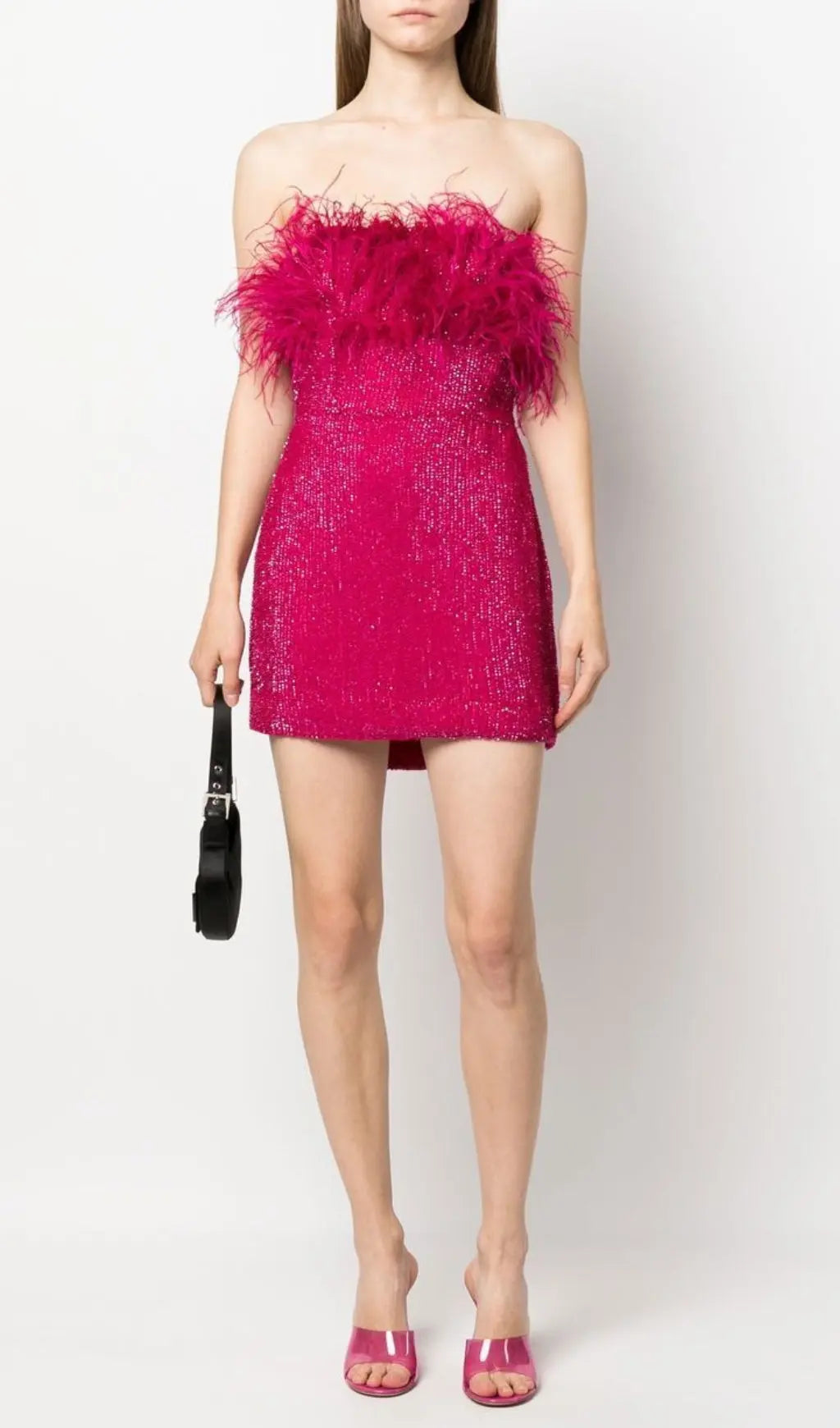 Sequin Feather Strapless Mini Dress In Hot Pink