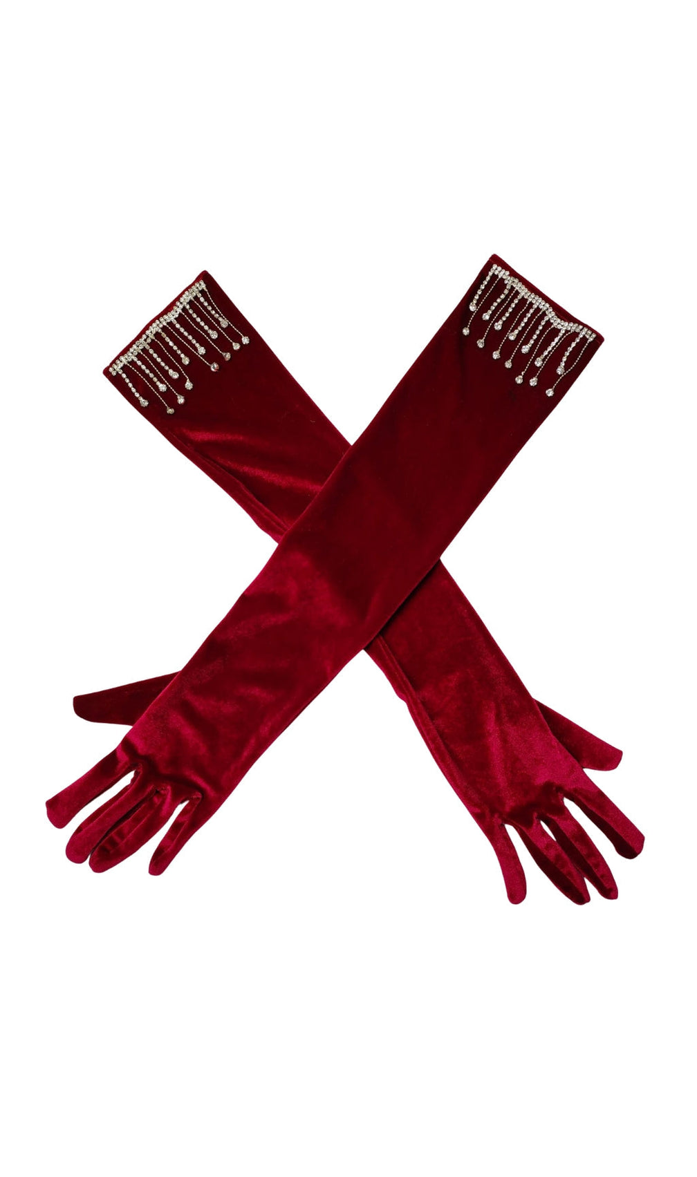 Velvet Rhinestones Long Gloves With Fringe