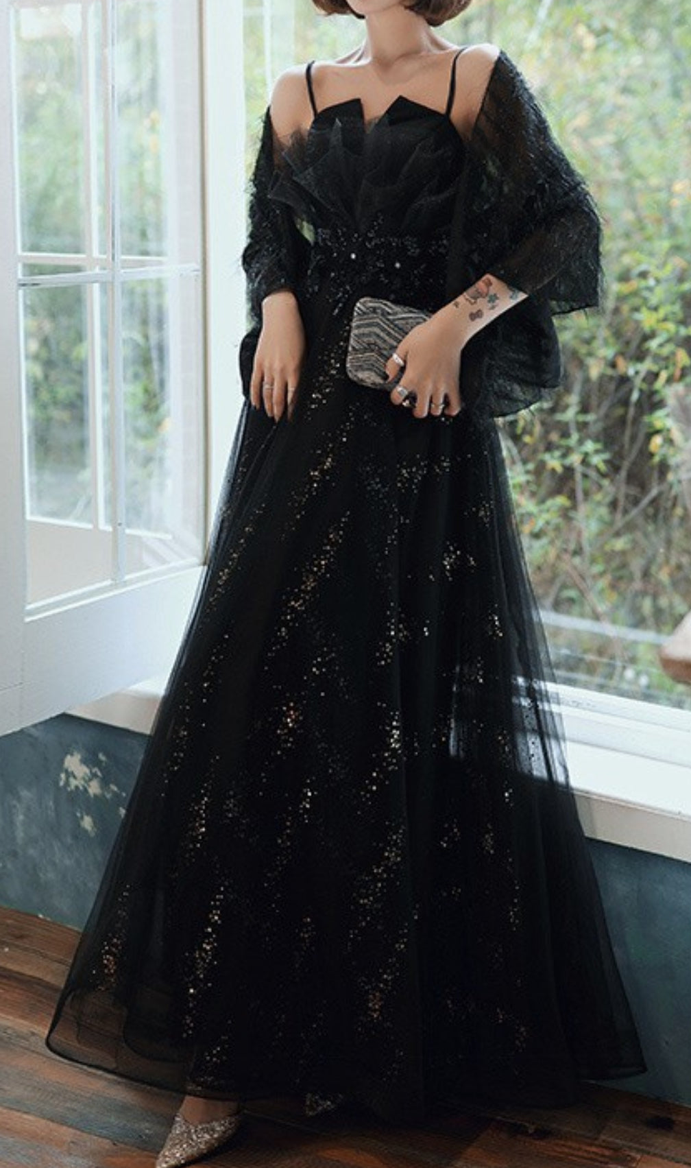 Chiye Black Strappy Mesh Maxi Dress