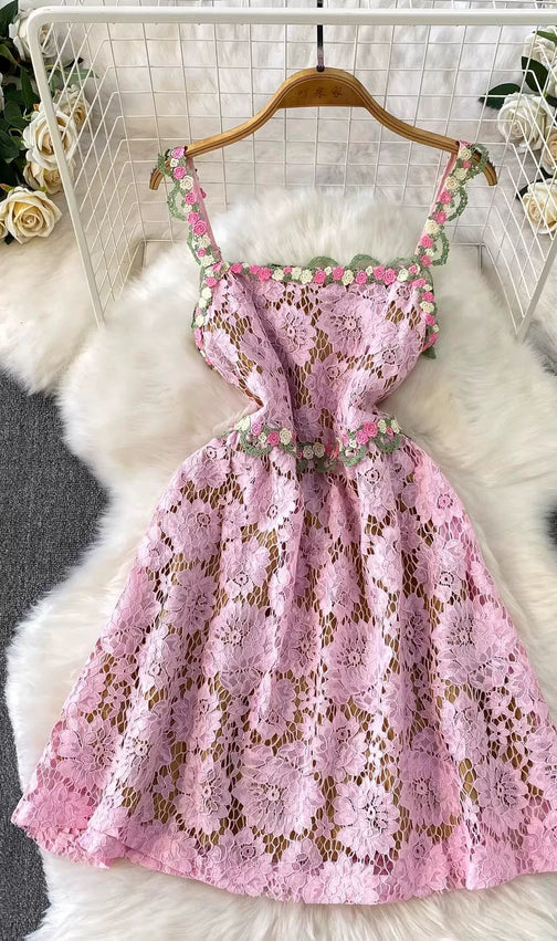 Tavon Romantic Pink Floral Lace Embroidered Mini Dress