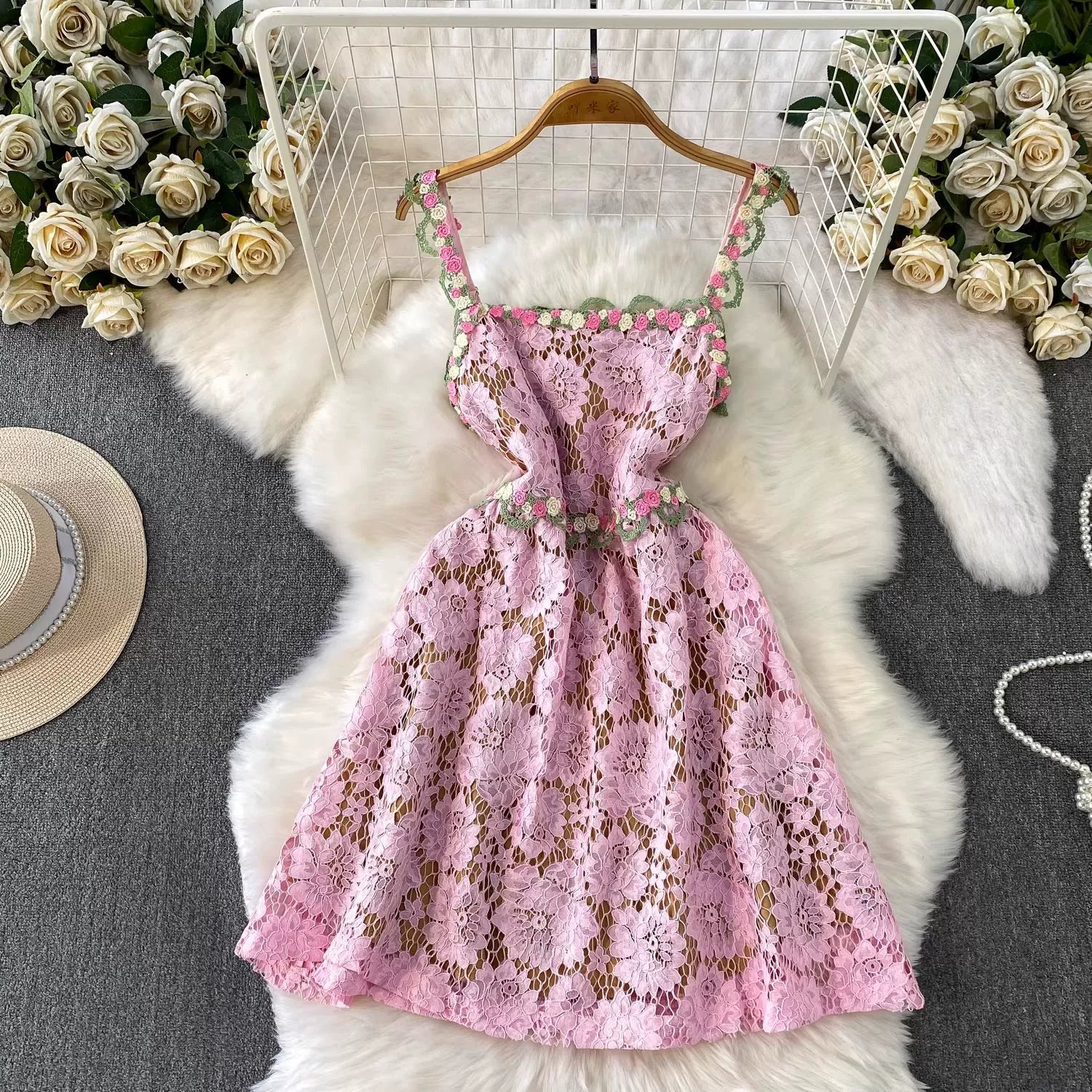 Tavon Romantic Pink Floral Lace Embroidered Mini Dress