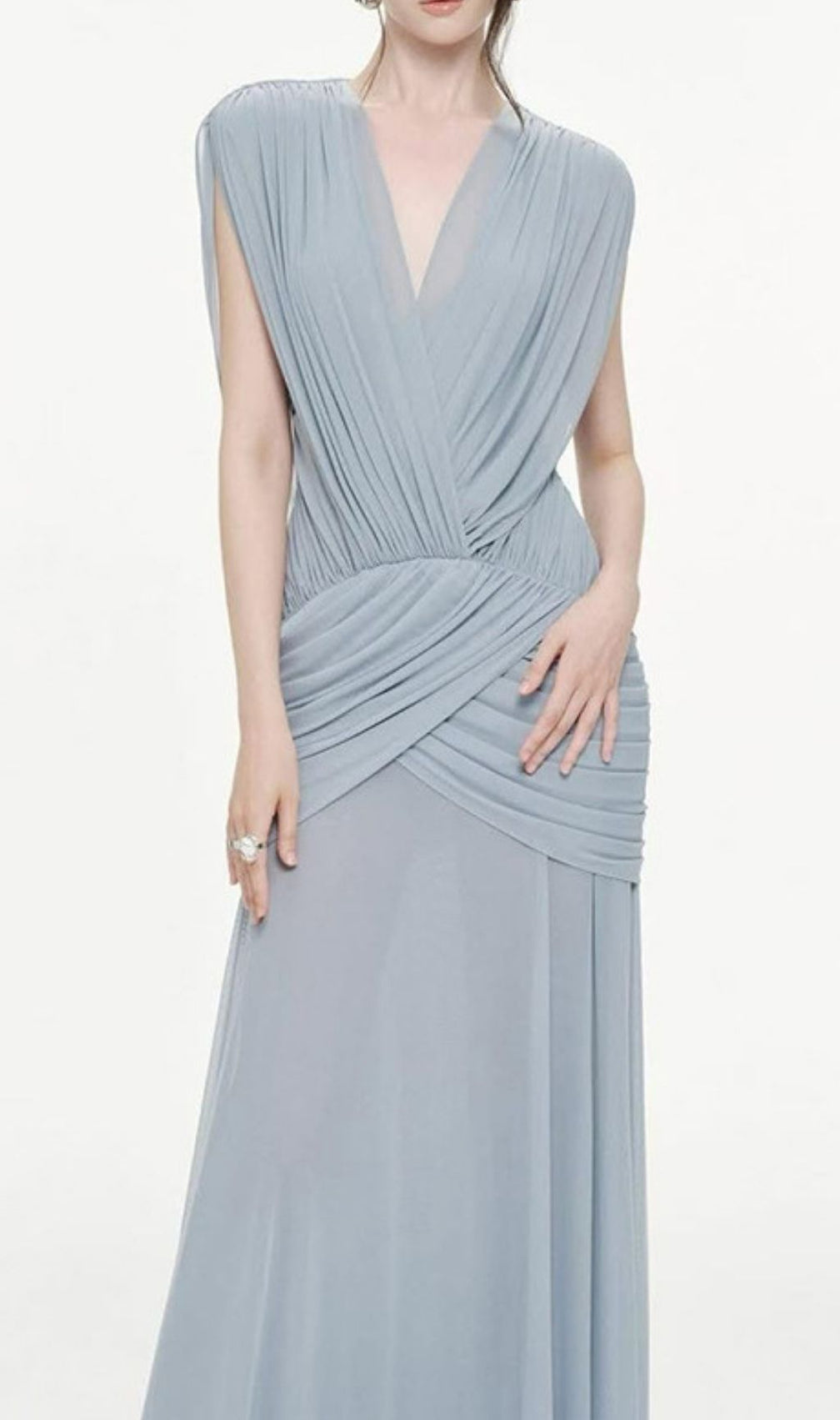 Kenia Blue Ruched V-Neck Maxi Dress: Elegant Evening & Gala Gown