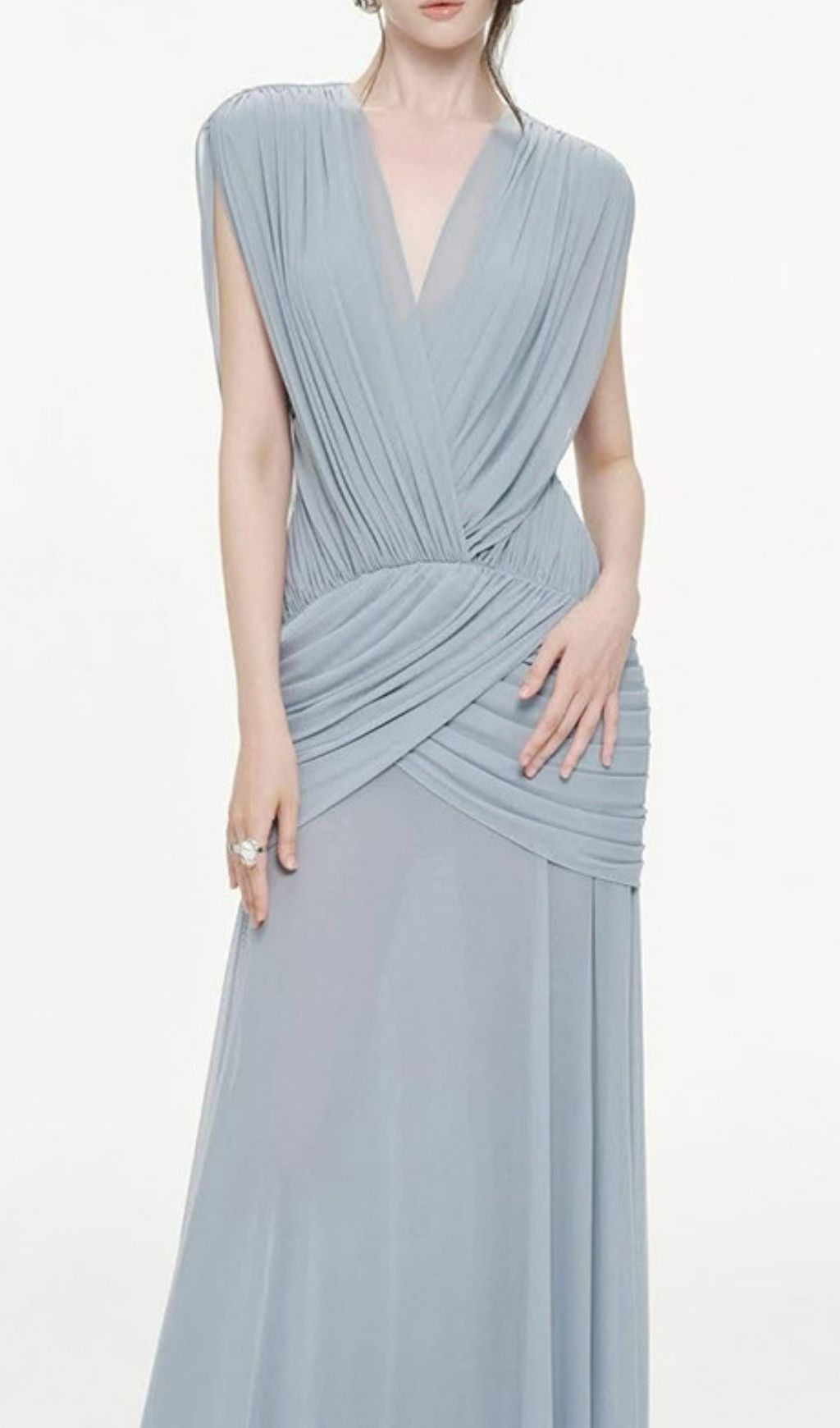 Kenia Blue Ruched V-Neck Maxi Dress: Elegant Evening & Gala Gown