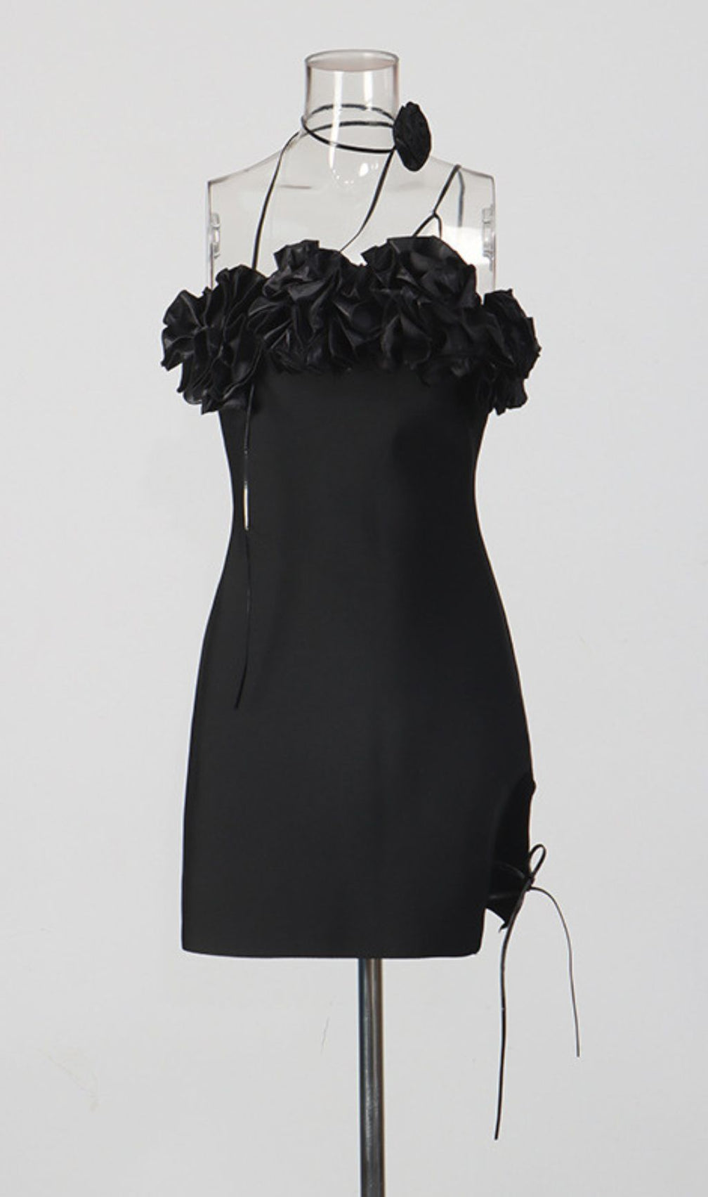 Filippa Black Floral Ruffle Mini Dress with Adjustable Tie-Side Slit