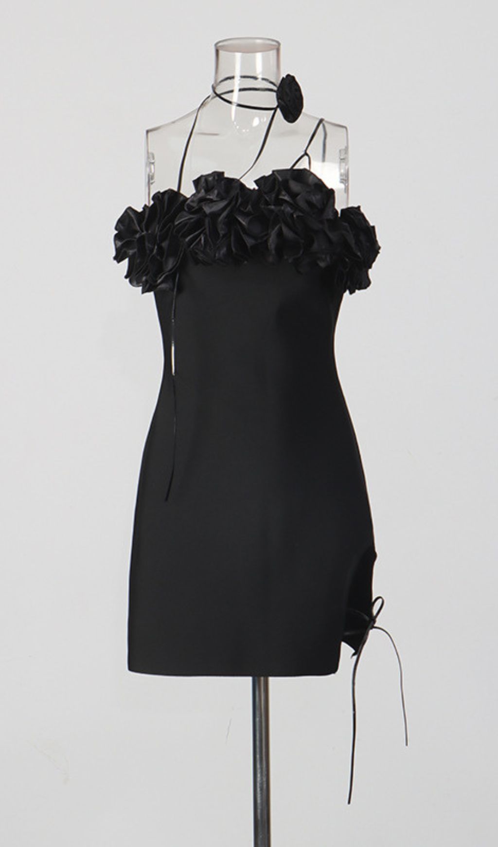Filippa Black Floral Ruffle Mini Dress with Adjustable Tie-Side Slit