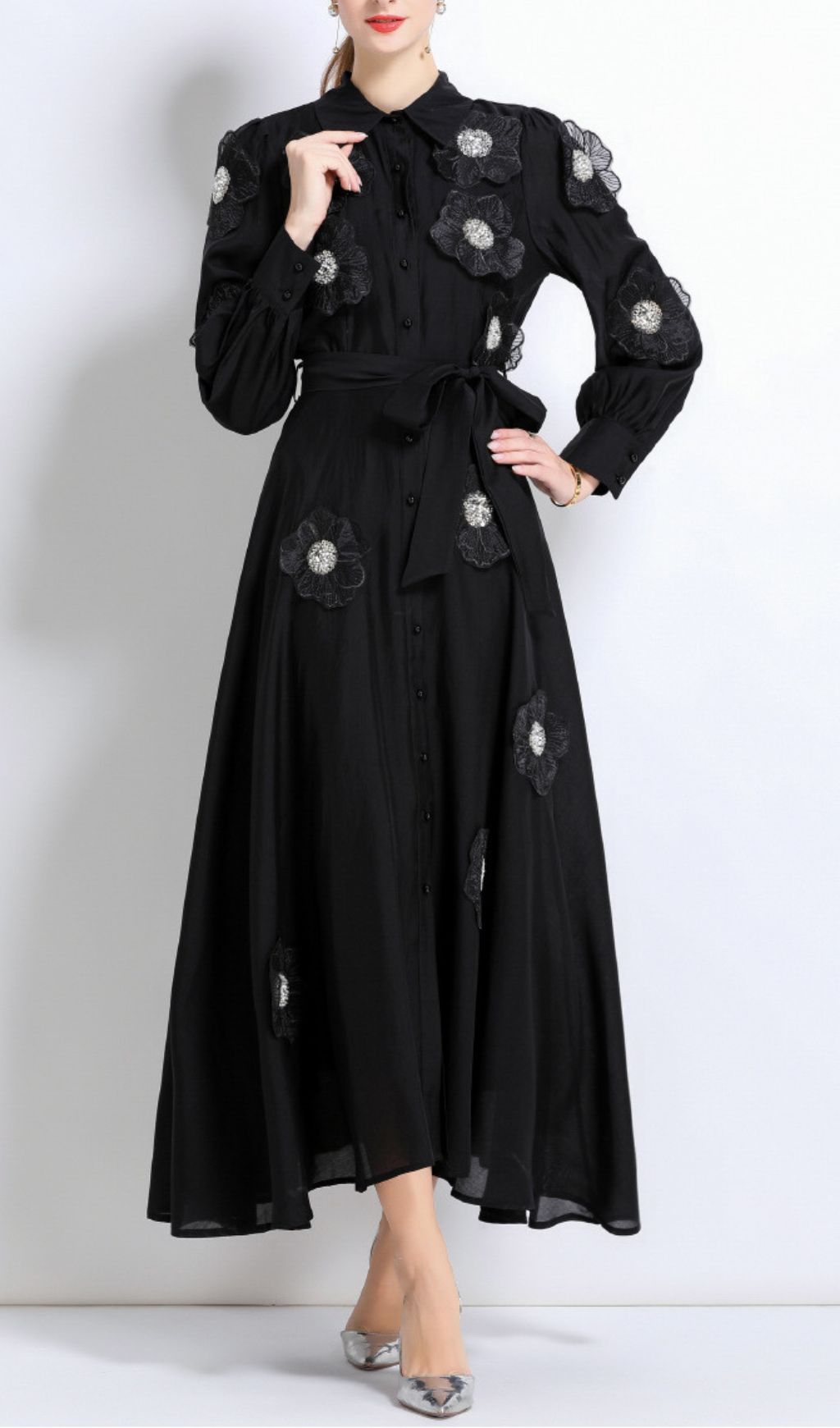 Holly Black Flower Long Sleeve Midi Dress