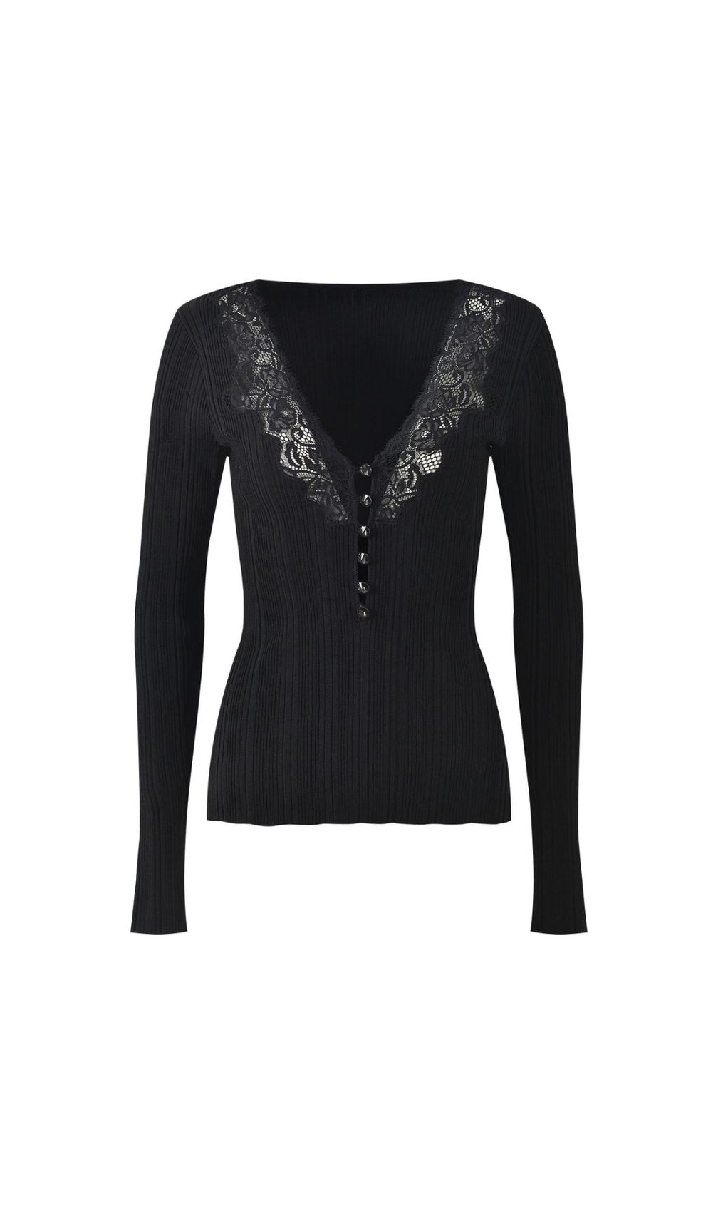 Hulda Black V-Neck Lace Ribbed Knit Top | Chic Women's Sweater