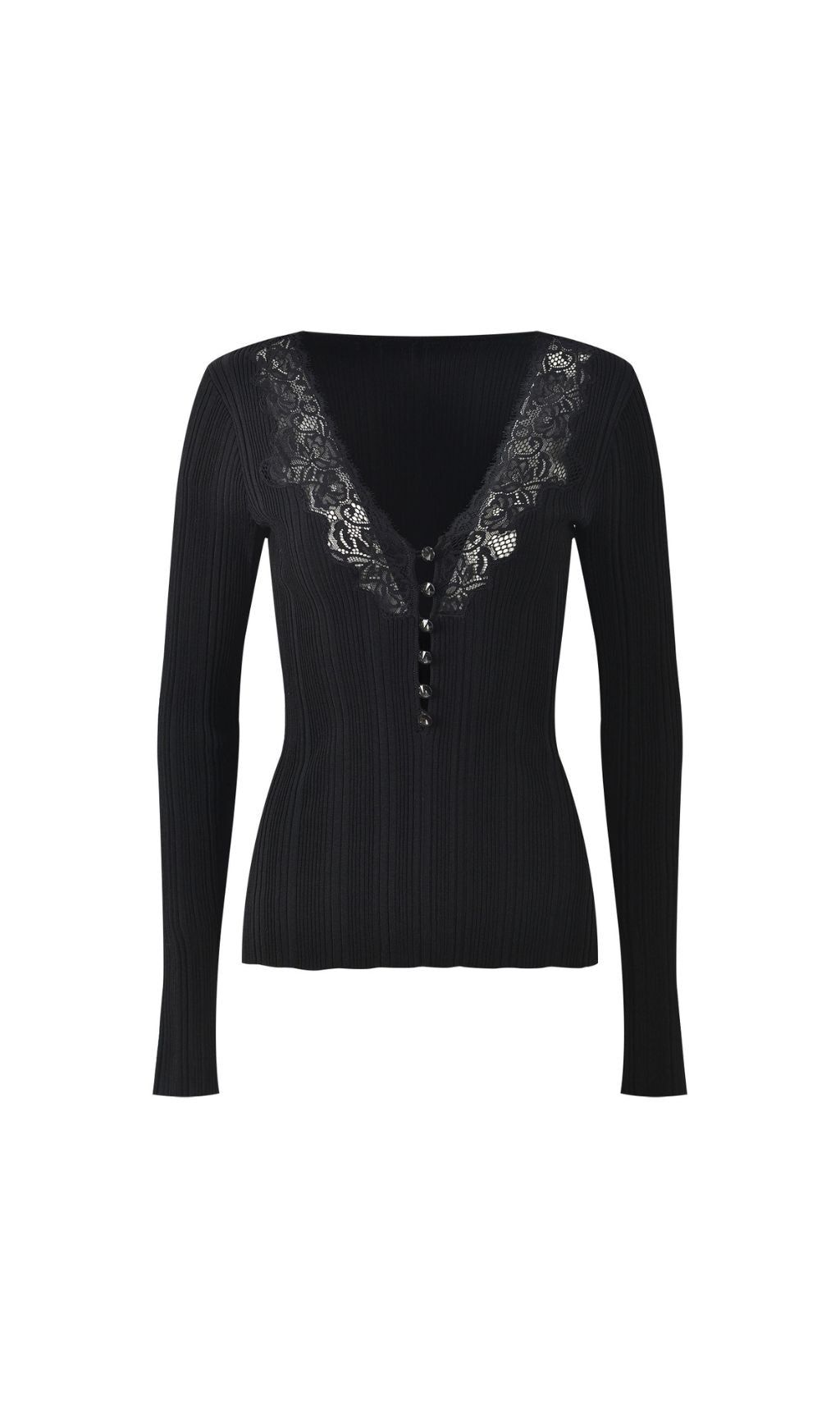 Hulda Black V-Neck Lace Ribbed Knit Top | Chic Women's Sweater