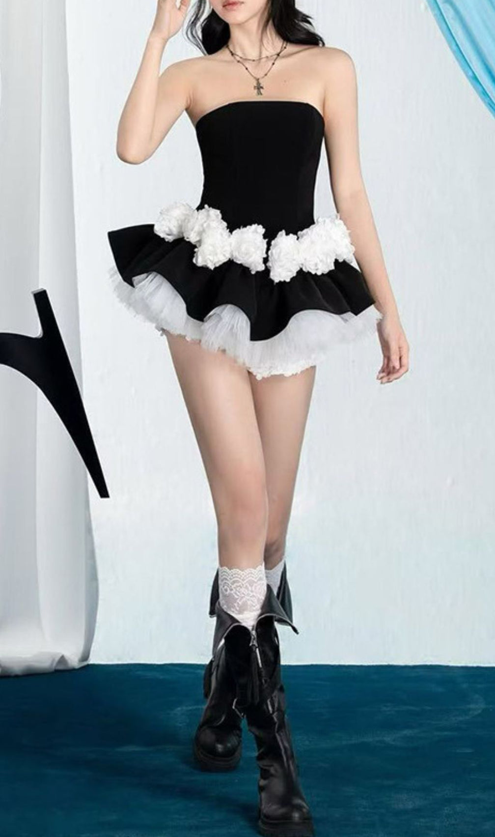 Ismeria Black Strapless Pompom & Tulle Mini Set – Edgy Coquette Style for Women