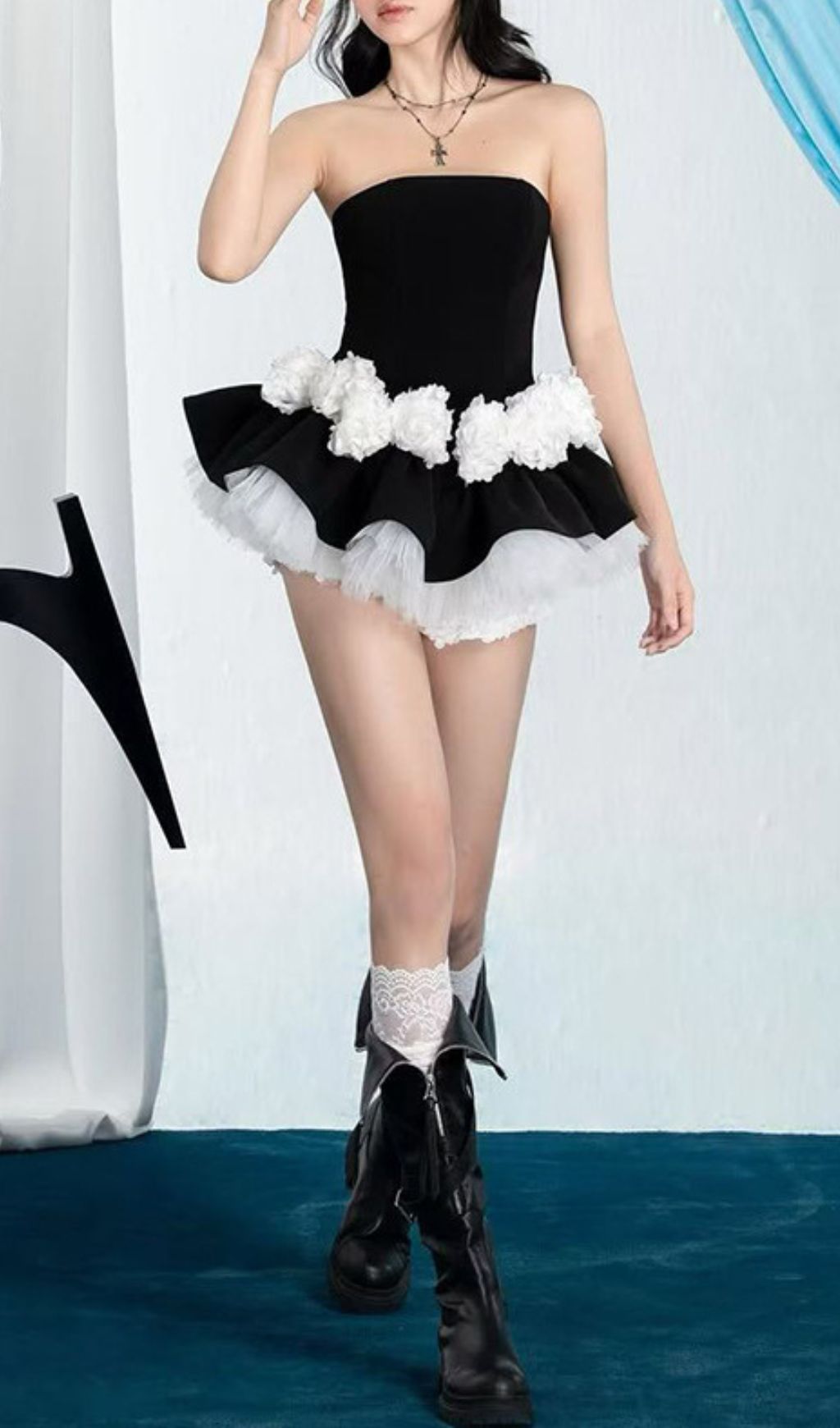 Ismeria Black Strapless Pompom & Tulle Mini Set – Edgy Coquette Style for Women