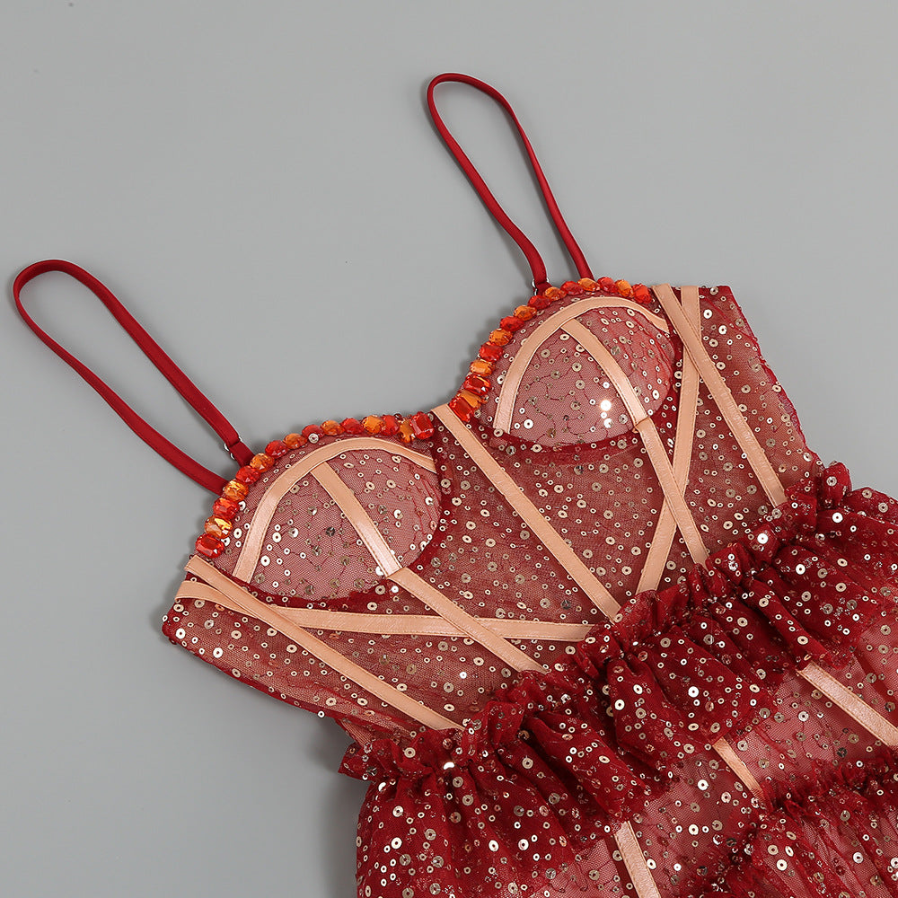 Korene Red Strappy Sequin Mesh Maxi Dress