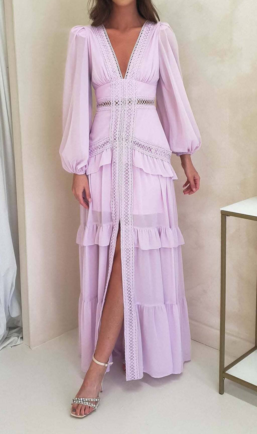 Long Sleeve Ruffle Maxi Dress In Lilac