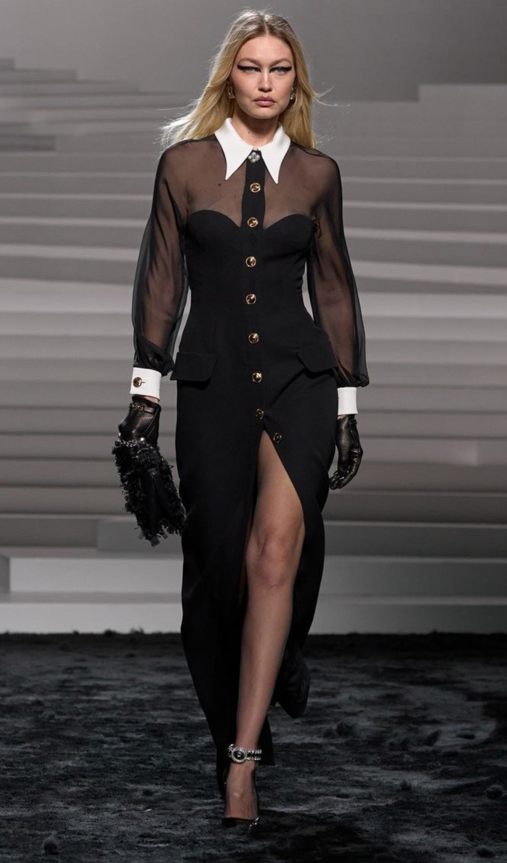 Apria Long Sleeve Mesh Button Maxi Dress