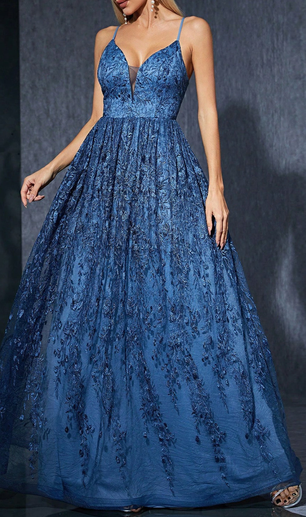 Dionne Navy V-Neck Floral Embroidery Maxi Dress