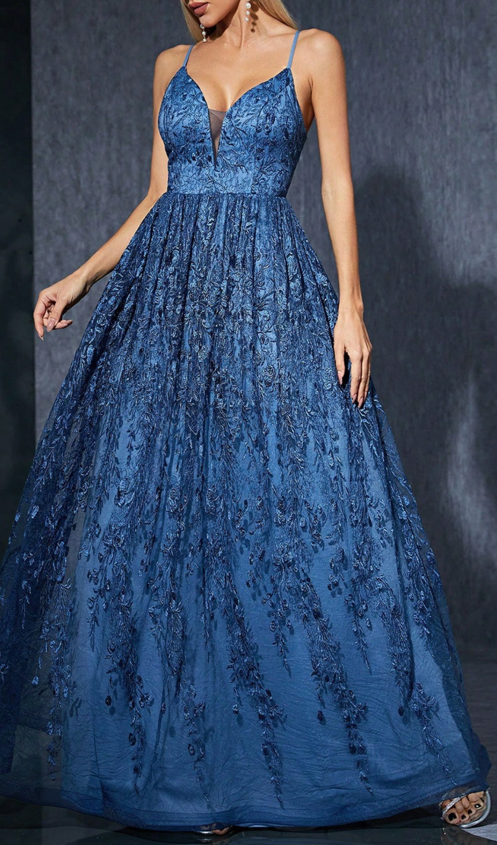 Dionne Navy V-Neck Floral Embroidery Maxi Dress