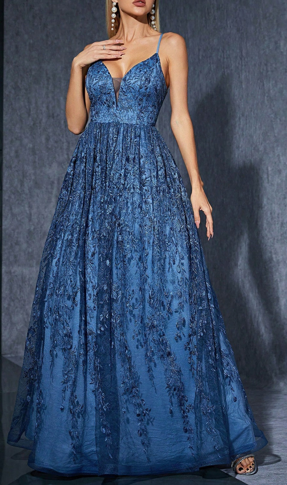 Dionne Navy V-Neck Floral Embroidery Maxi Dress