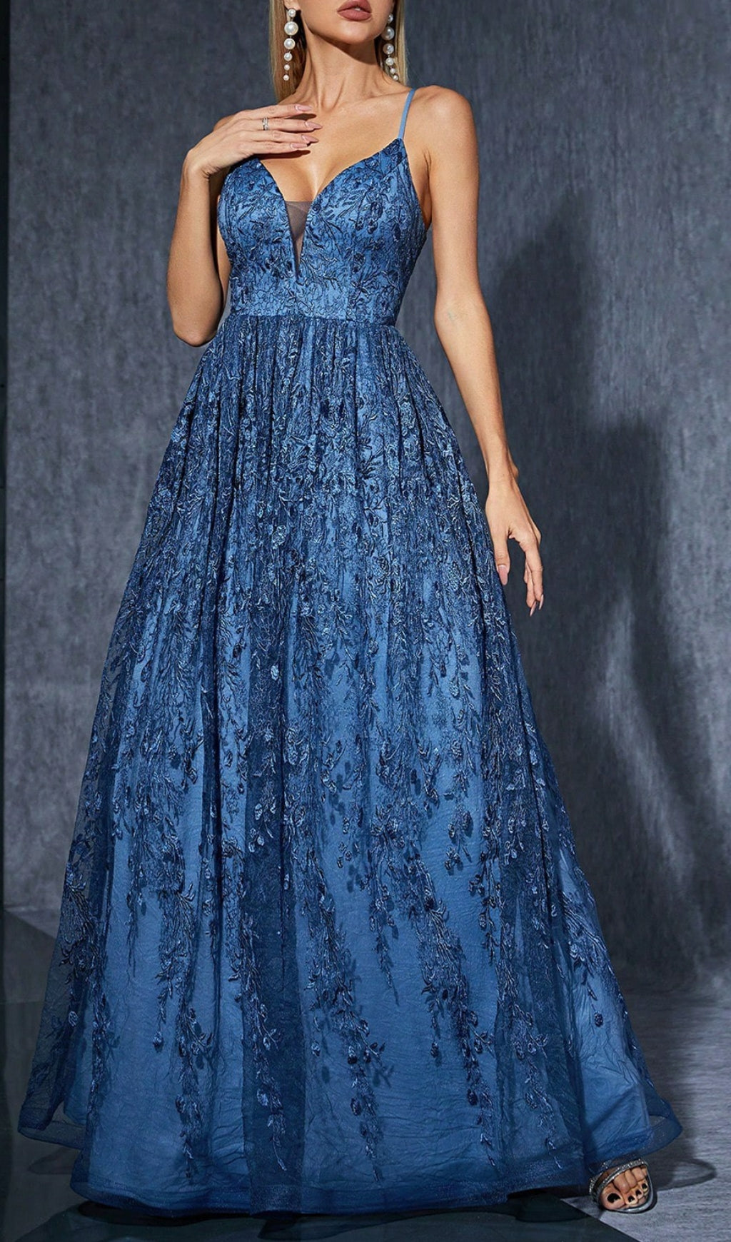 Dionne Navy V-Neck Floral Embroidery Maxi Dress