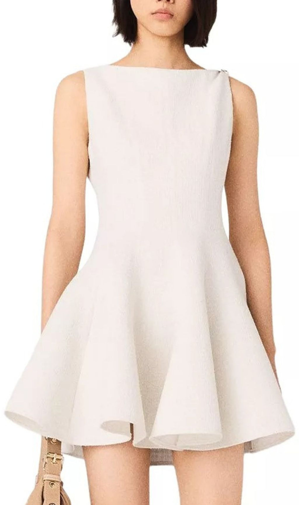 Elegant White Flared Mini Dress | Chic Sleeveless Boat Neck with Shoulder Jewel Detail