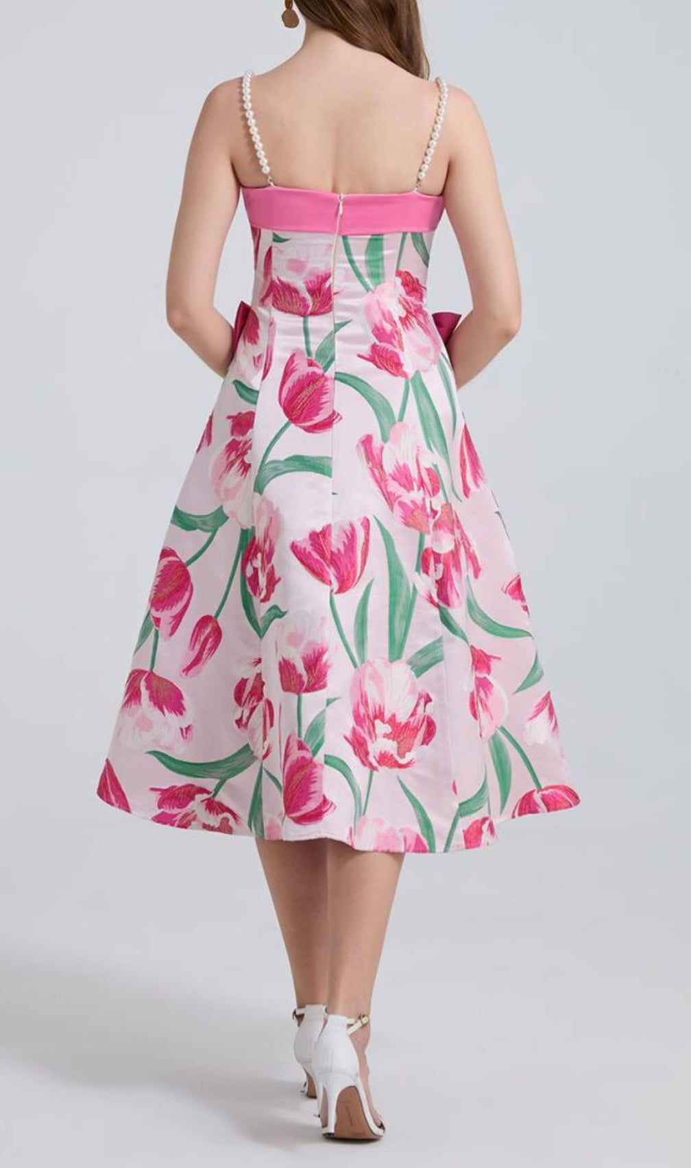 Faylinn Pink Flower Pearl Midi Dress