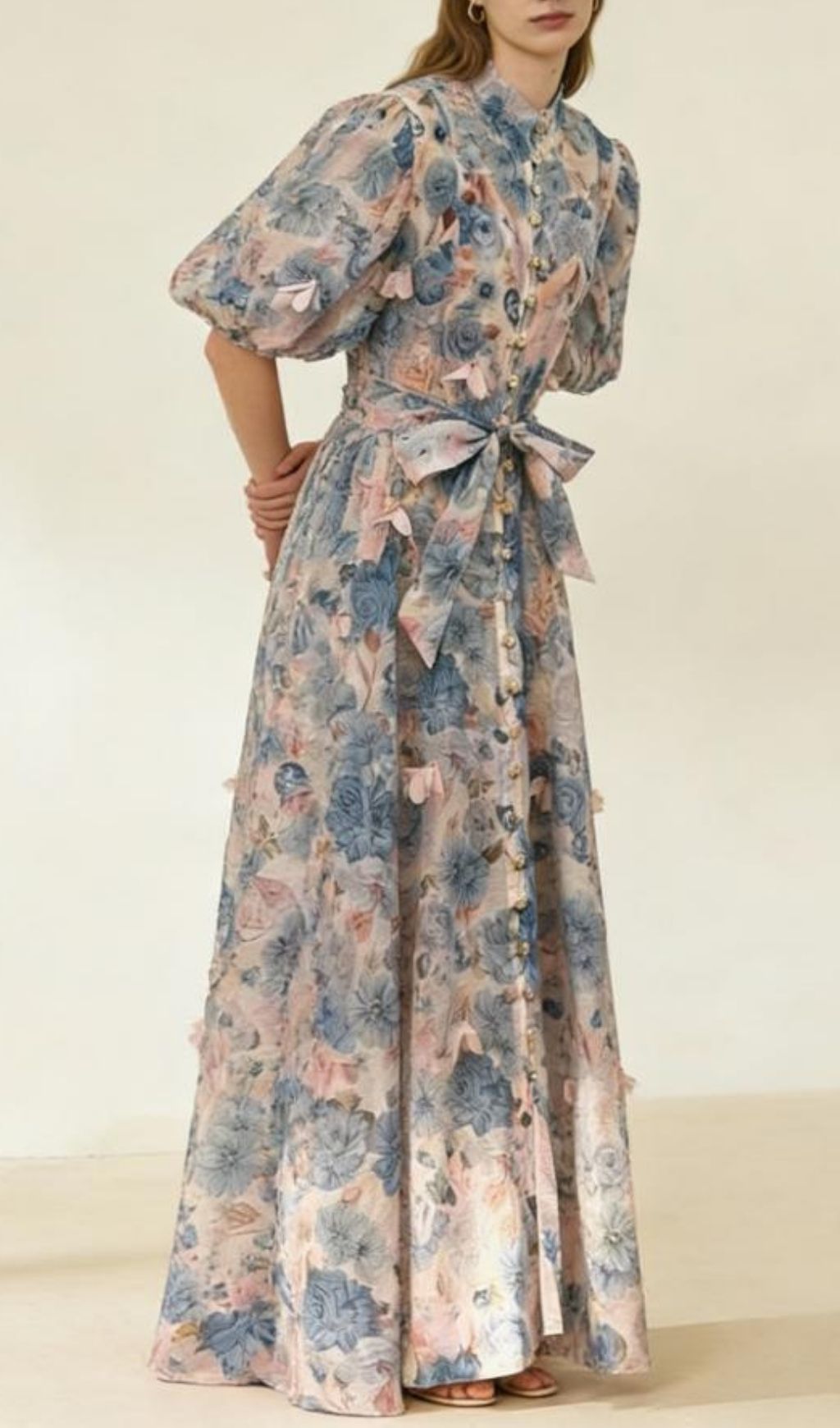 Karlyn Romantic Floral Puff-Sleeve Maxi Dress with Self-Tie Belt | Ethereal Button-Down Gown