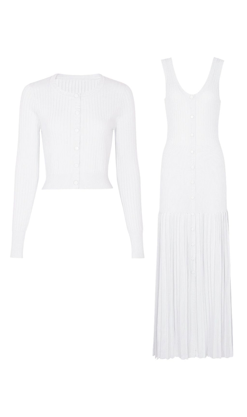 Jackie White Ribbed Knit Maxi Dress & Cardigan Set - Effortless 2-Piece Style