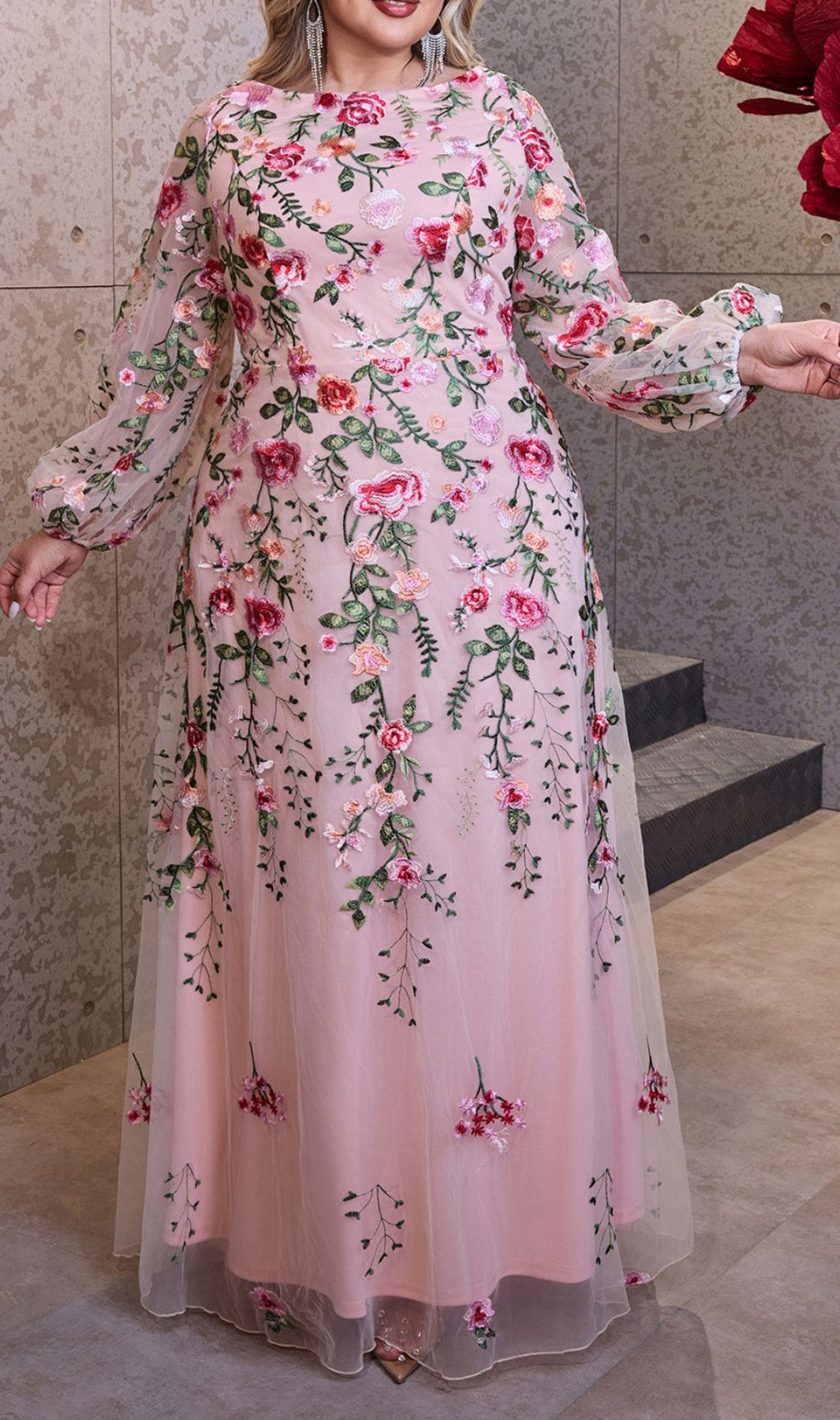 Helia Enchanting Floral Embroidered Plus Size Maxi Dress | Elegant Long Sleeve Gown