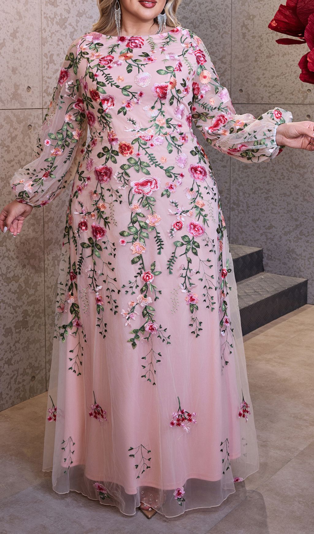 Helia Enchanting Floral Embroidered Plus Size Maxi Dress | Elegant Long Sleeve Gown