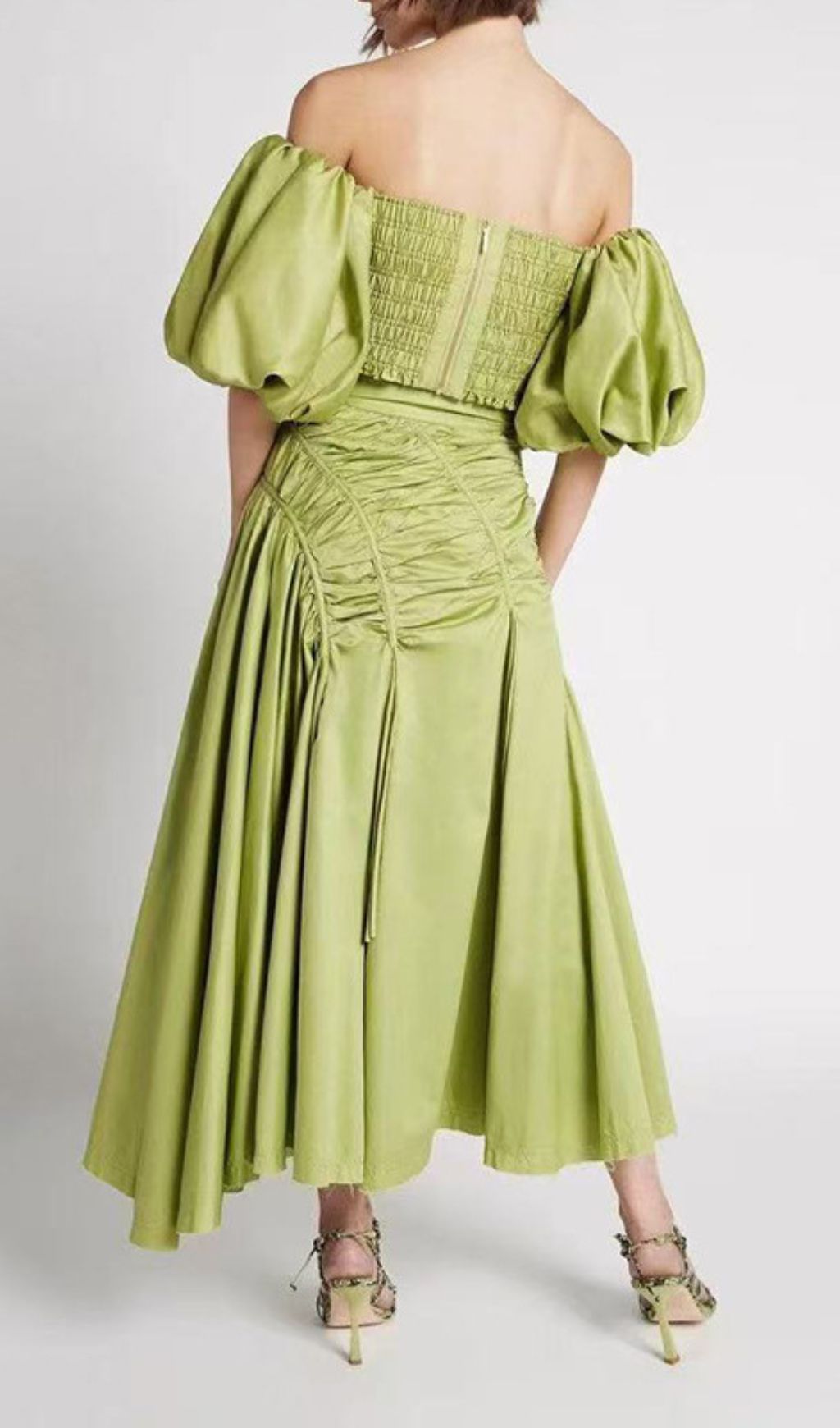 Vibrant Lime Green Puff Sleeve Crop Top & Ruched Maxi Skirt Set | Ivo Two-Piece