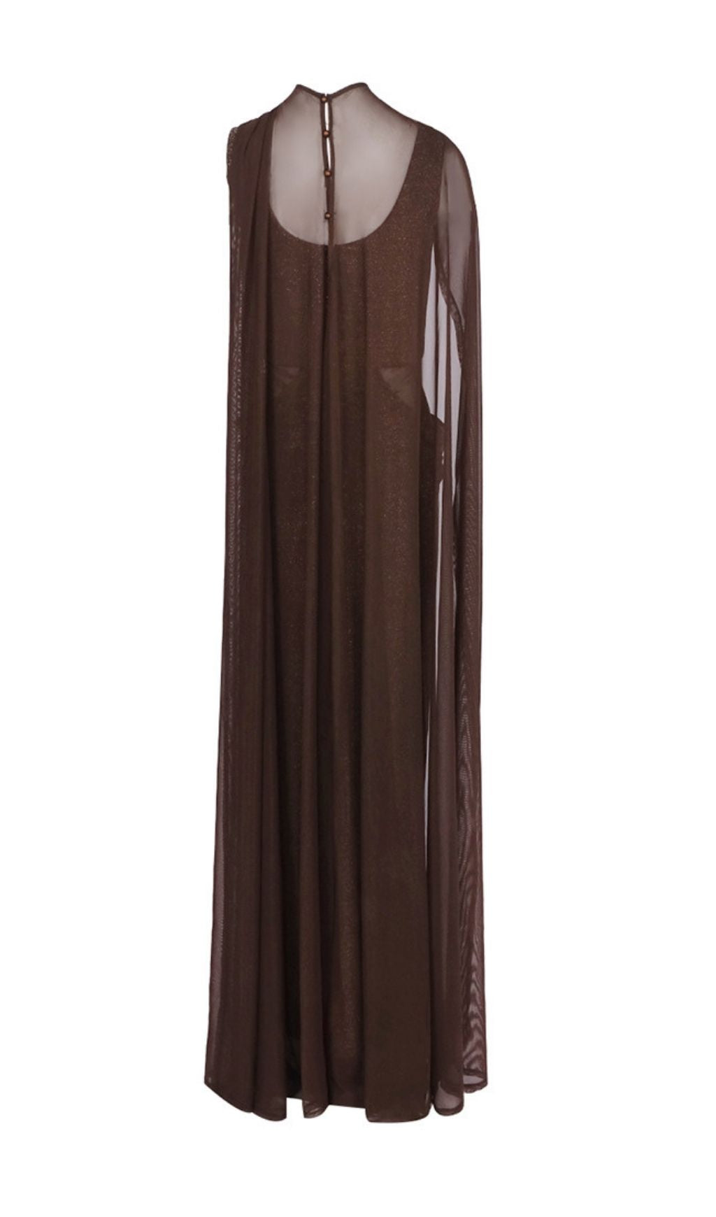 Kat Brown Shimmering Sequin Ruched Maxi Gown with Elegant Sheer Drape