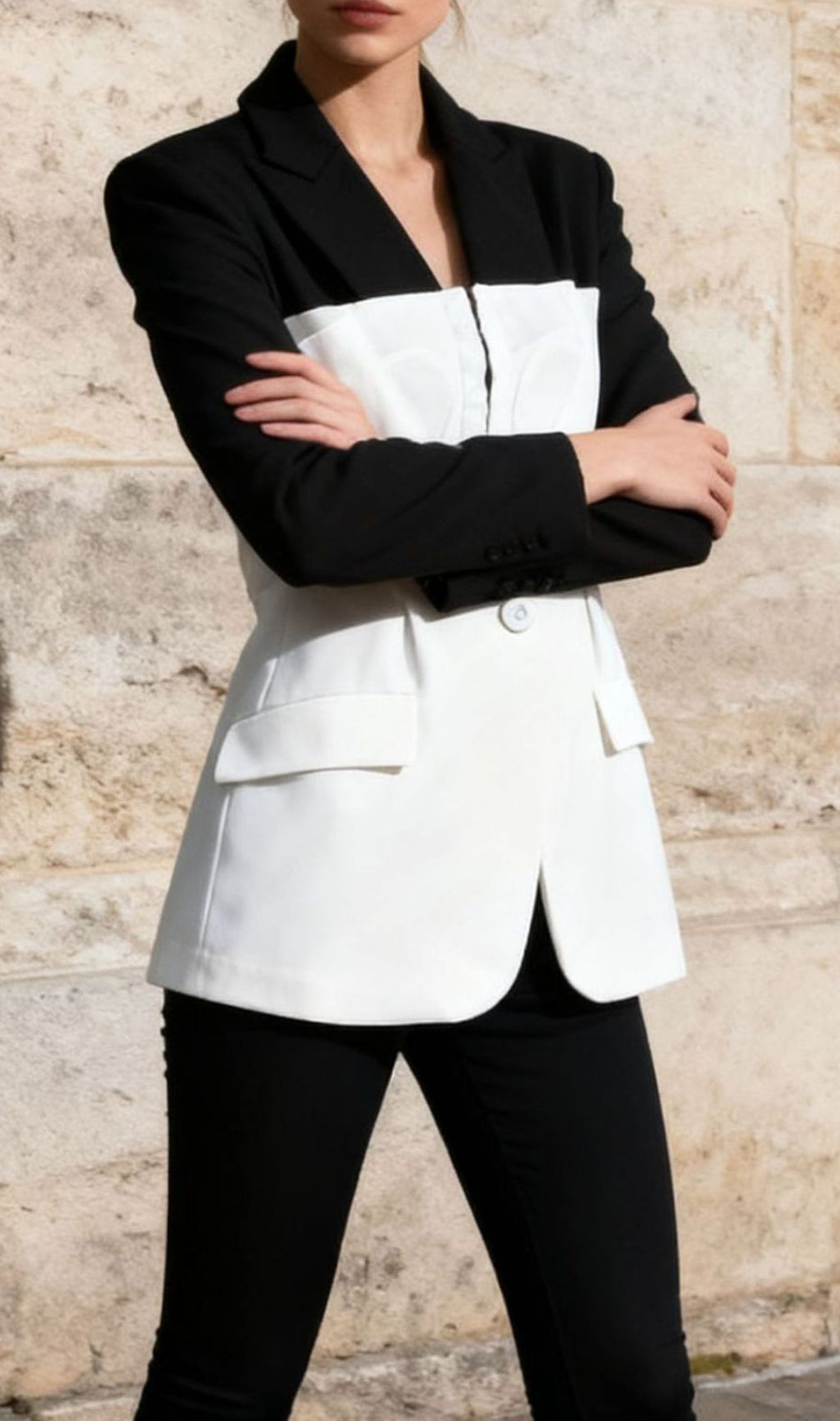 Idania Black & White Contrast Patchwork Blazer - Chic Tailored Statement Jacket