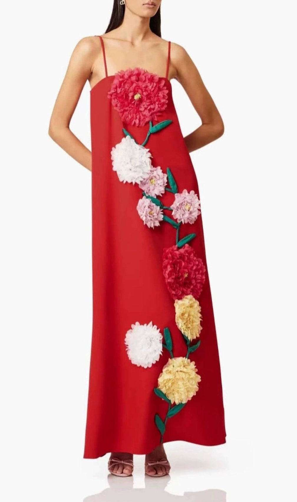 Erica Vibrant Red Strappy 3D Floral Maxi Dress