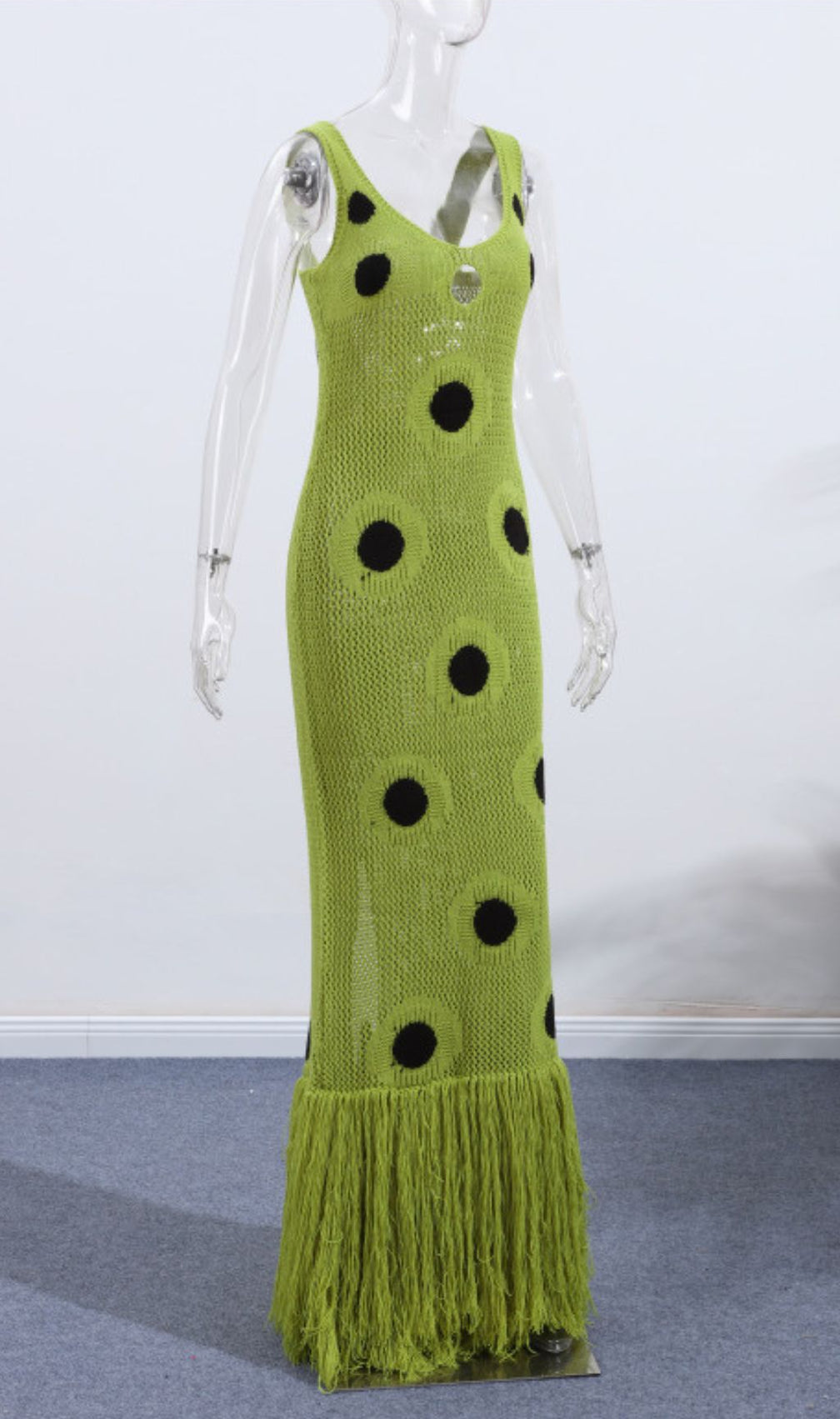 Gaelion Vibrant Green Polka Dot Fringe Knitted Midi Dress - Statement Summer Style
