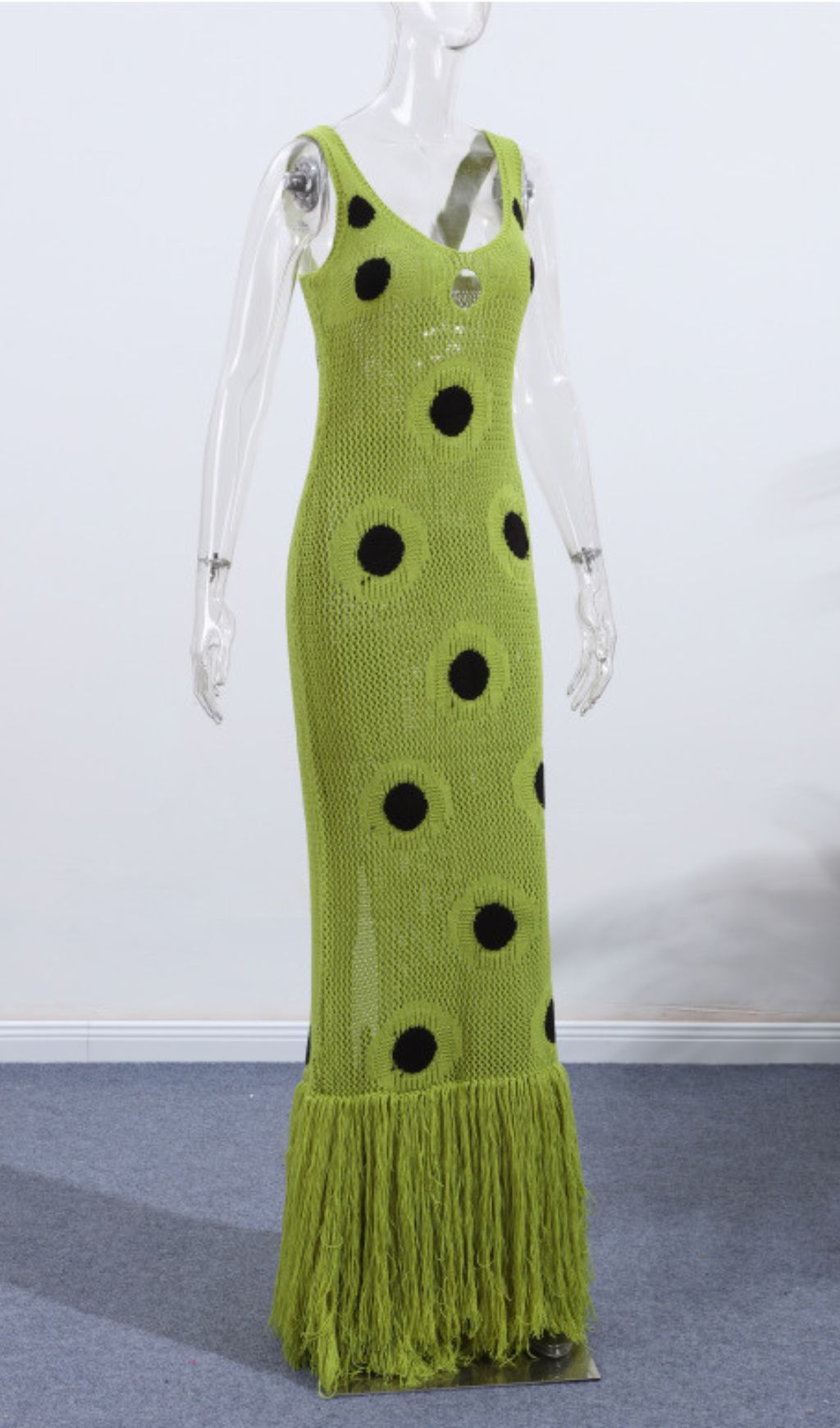 Gaelion Vibrant Green Polka Dot Fringe Knitted Midi Dress - Statement Summer Style
