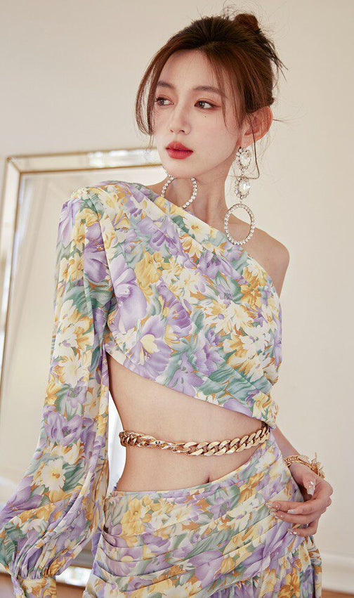 Dolores French Floral One-Shoulder Cutout Maxi Dress with High Slit – Elegant Summer Style