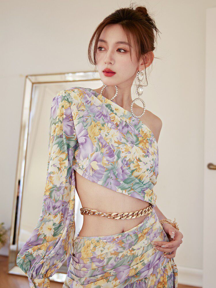 Dolores French Floral One-Shoulder Cutout Maxi Dress with High Slit – Elegant Summer Style